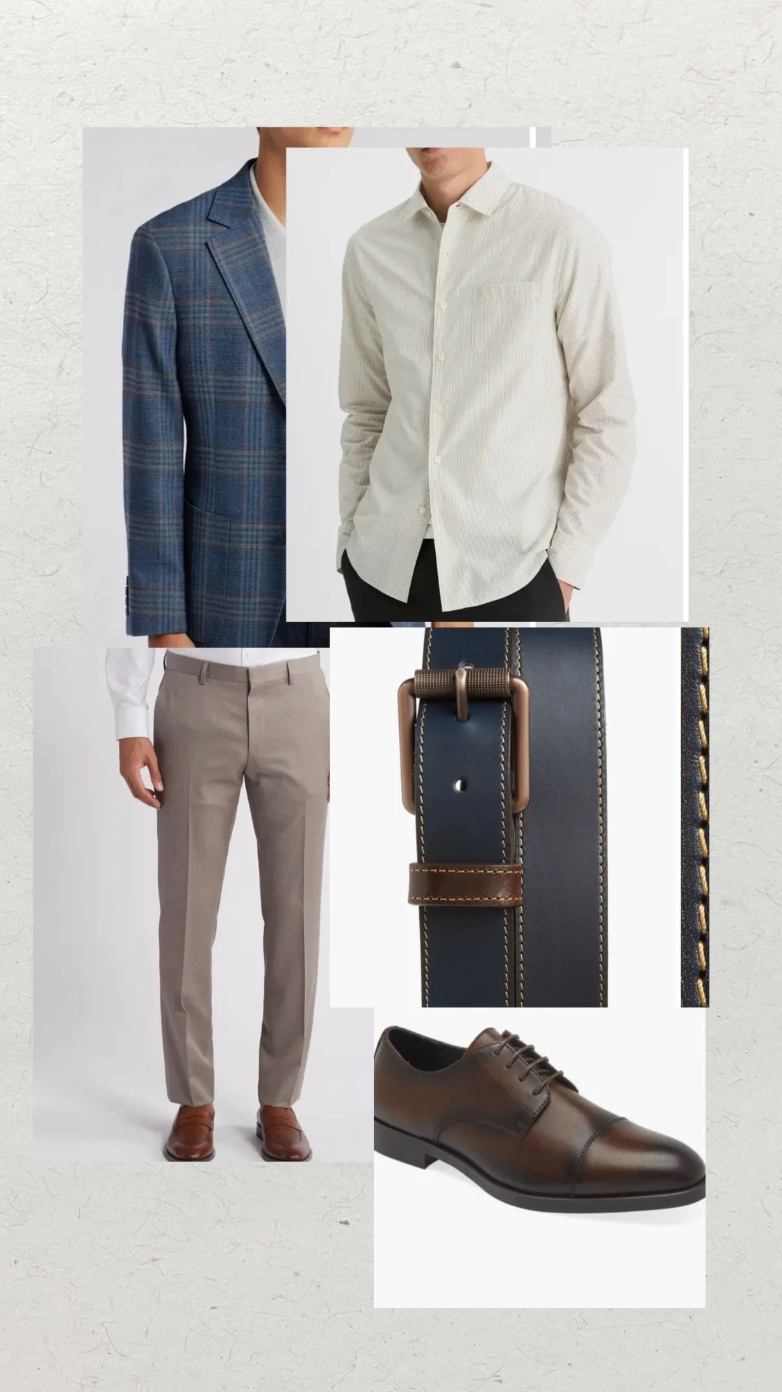 Collage of men's business attire including a blue plaid blazer, a white dress shirt, beige dress pants, a brown belt, and brown dress shoes.