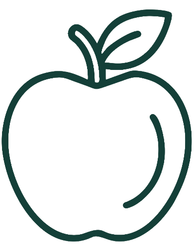 Line drawing of an apple with a leaf on top.