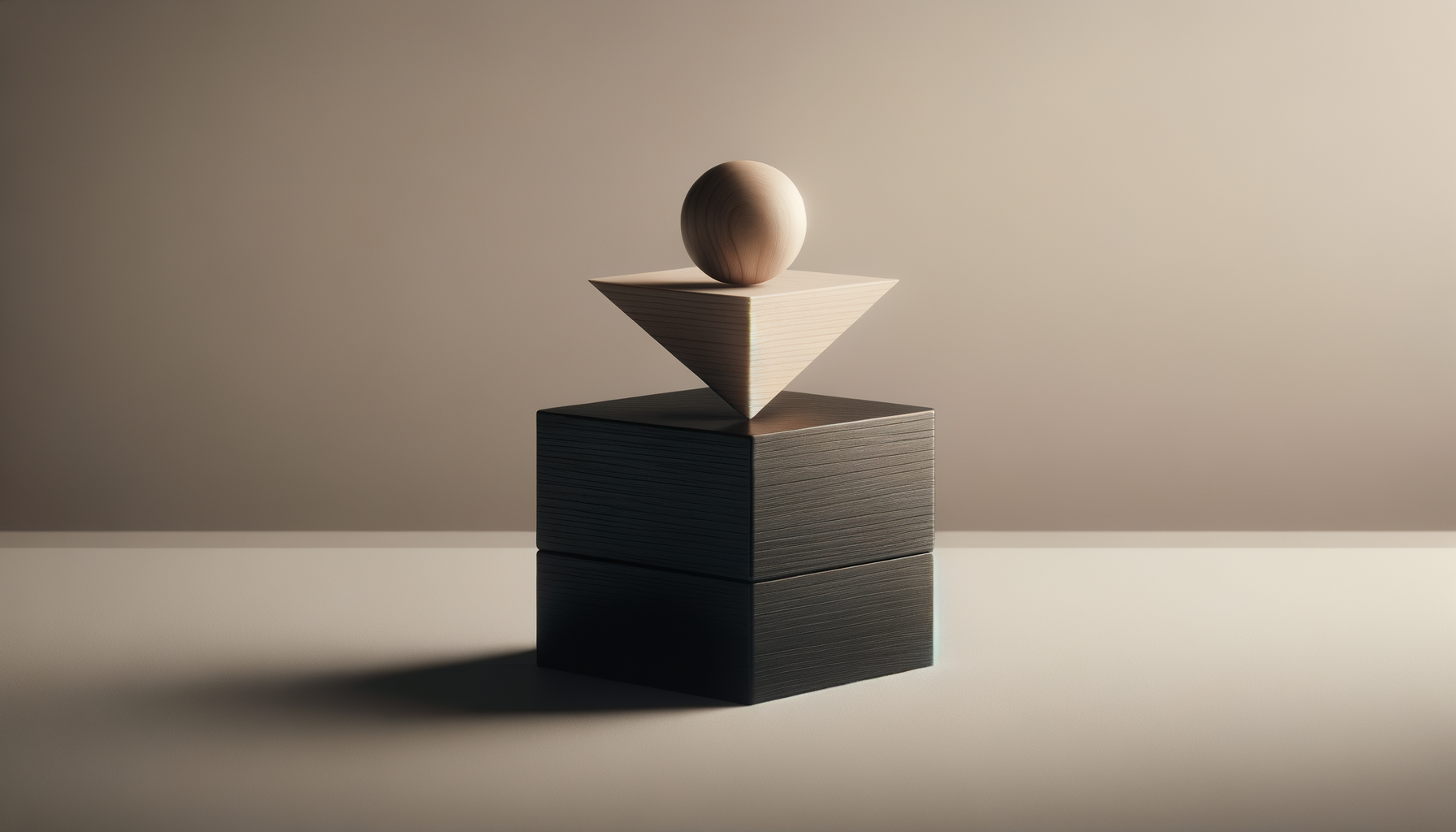 Stacked geometric wooden objects including a dark cube at the bottom, a lighter cube above, a triangular prism, and a wooden sphere on top, on a smooth surface against a gradient background.