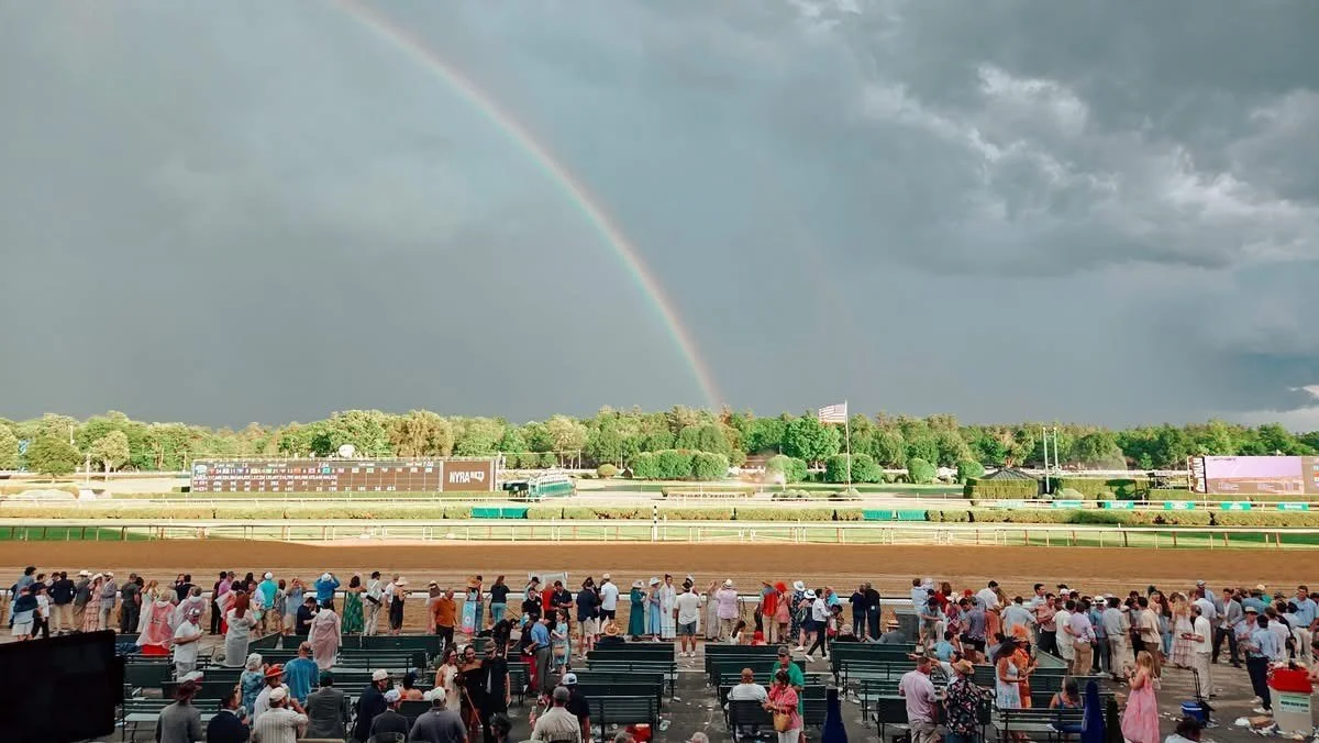 A rainbow appears above Saratoga Race Course at the conclusion of the 158th running of the Belmont Stakes.