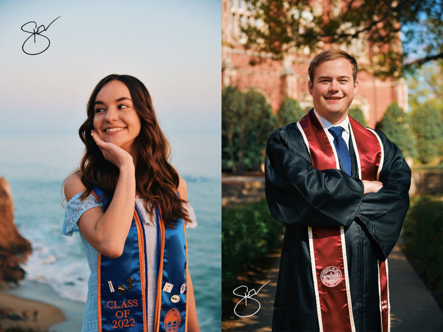 Left Panel: A woman stands wearing a graduate stoll with her hand on her chin with the ocean in the background. Right Panel: A man stands with his arms crossed wearing a graduate stoll with OU's campus in the background.