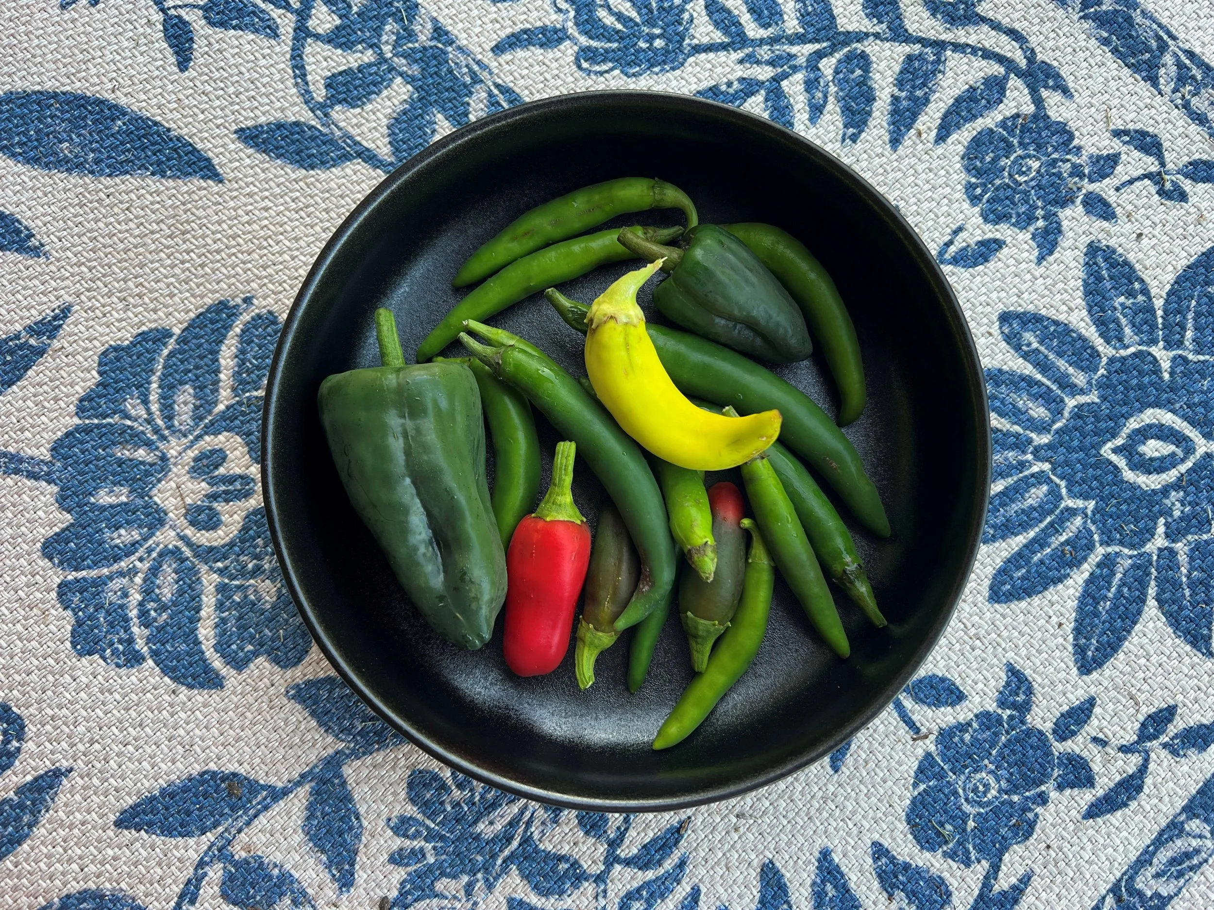 A collection of peppers sit in a bowl.