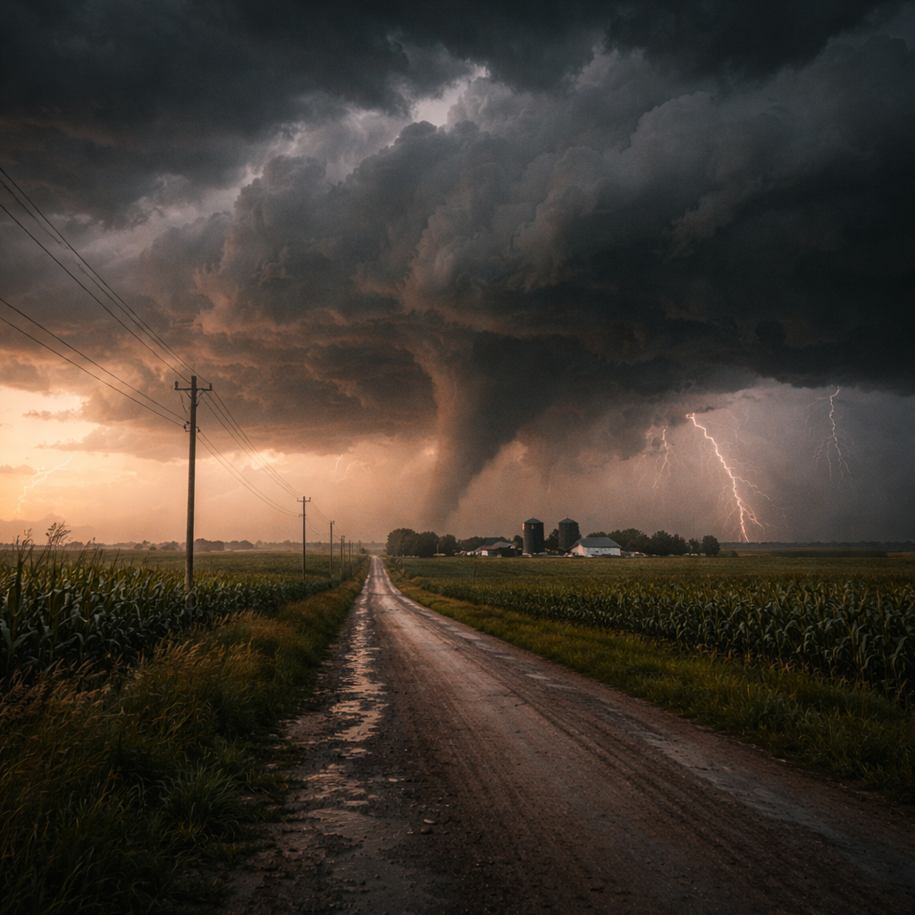 A tornado approaches a farm in rural Oklahoma.