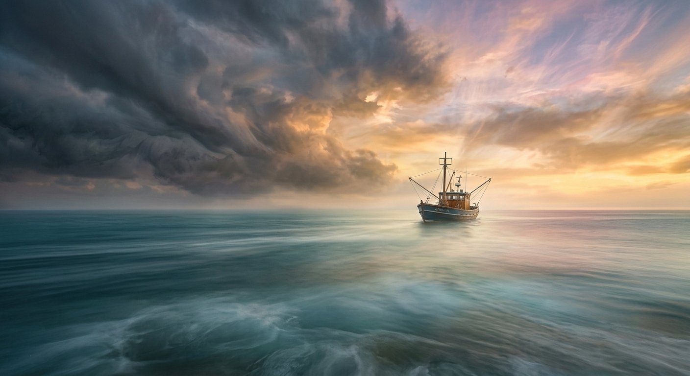 A fishing boat sails across a storm-tossed sea.