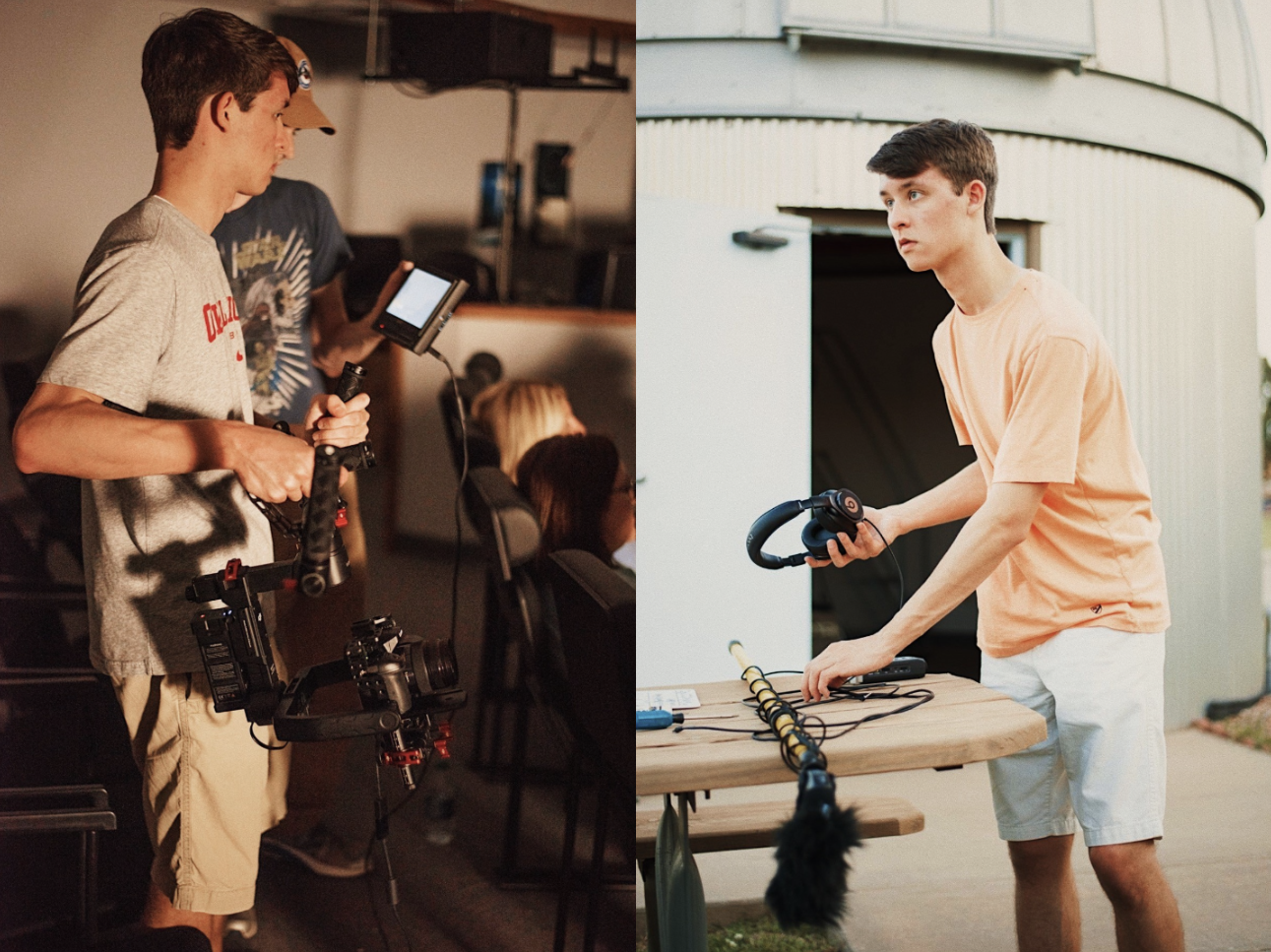 Left Panel: Kevin Severin holds a gimbal with a camera and watches a playback screen. Right Panel: Kevin Severin holds a pair of headphones and adjusts field audio.