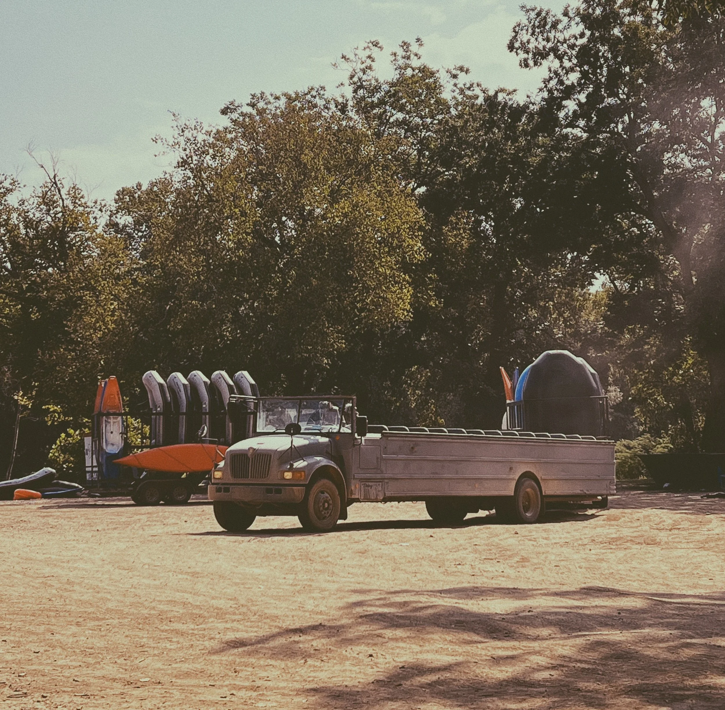 A sawed-off school bus used to transport floaters in Tahlequah, Oklahoma.