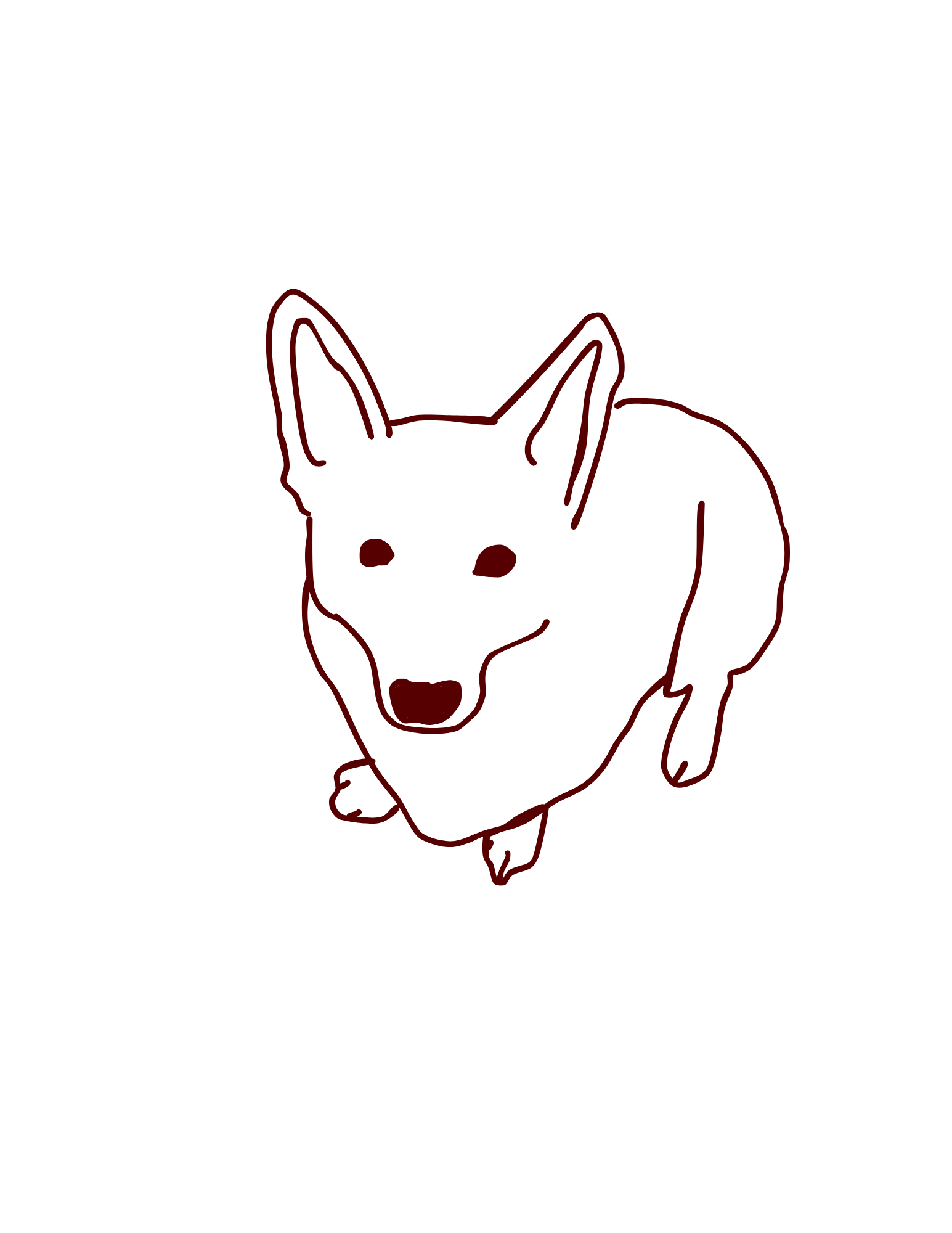 Outline drawing of a dog with a happy expression, facing forward.