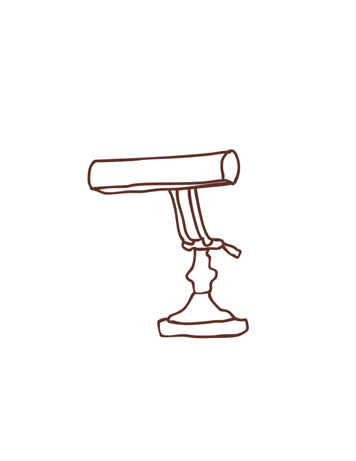 A simple line drawing of a vintage table lamp with a wide base, a slender stem, and a rectangular shade.