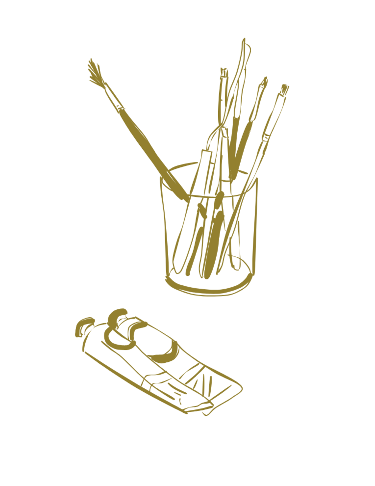 Illustration of a glass filled with paintbrushes and paint tubes.