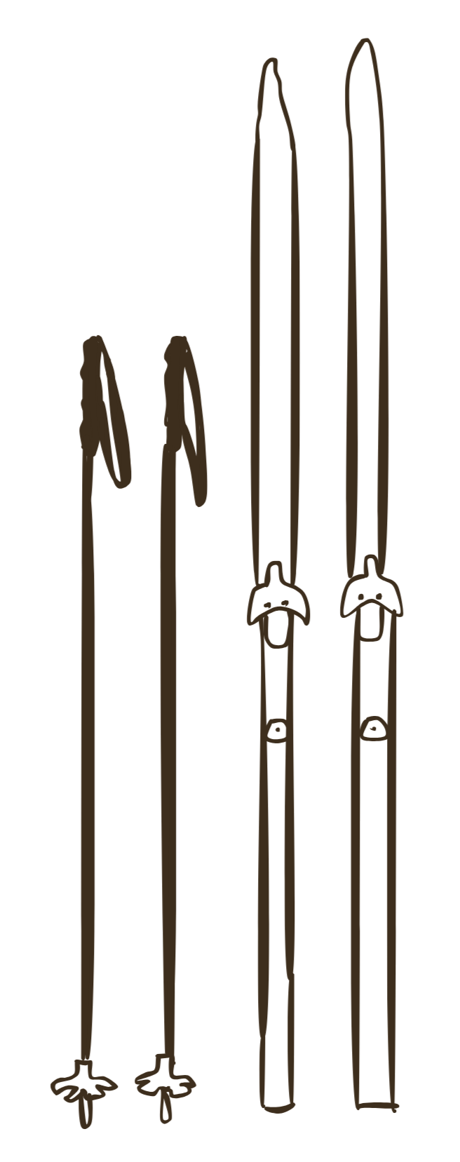 Line drawing of skis with ski poles.