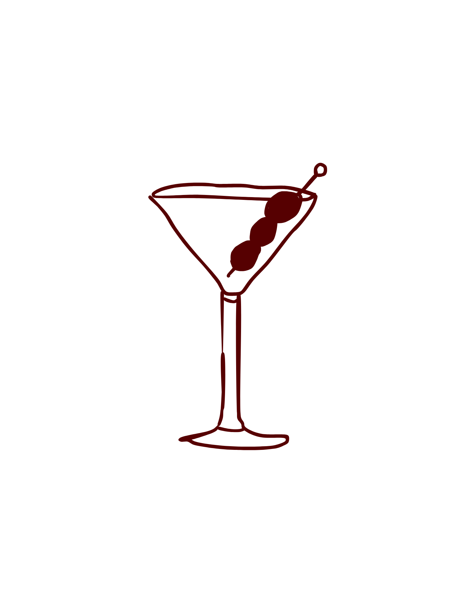 A minimalist illustration of a cocktail glass with three olives on a toothpick inside.