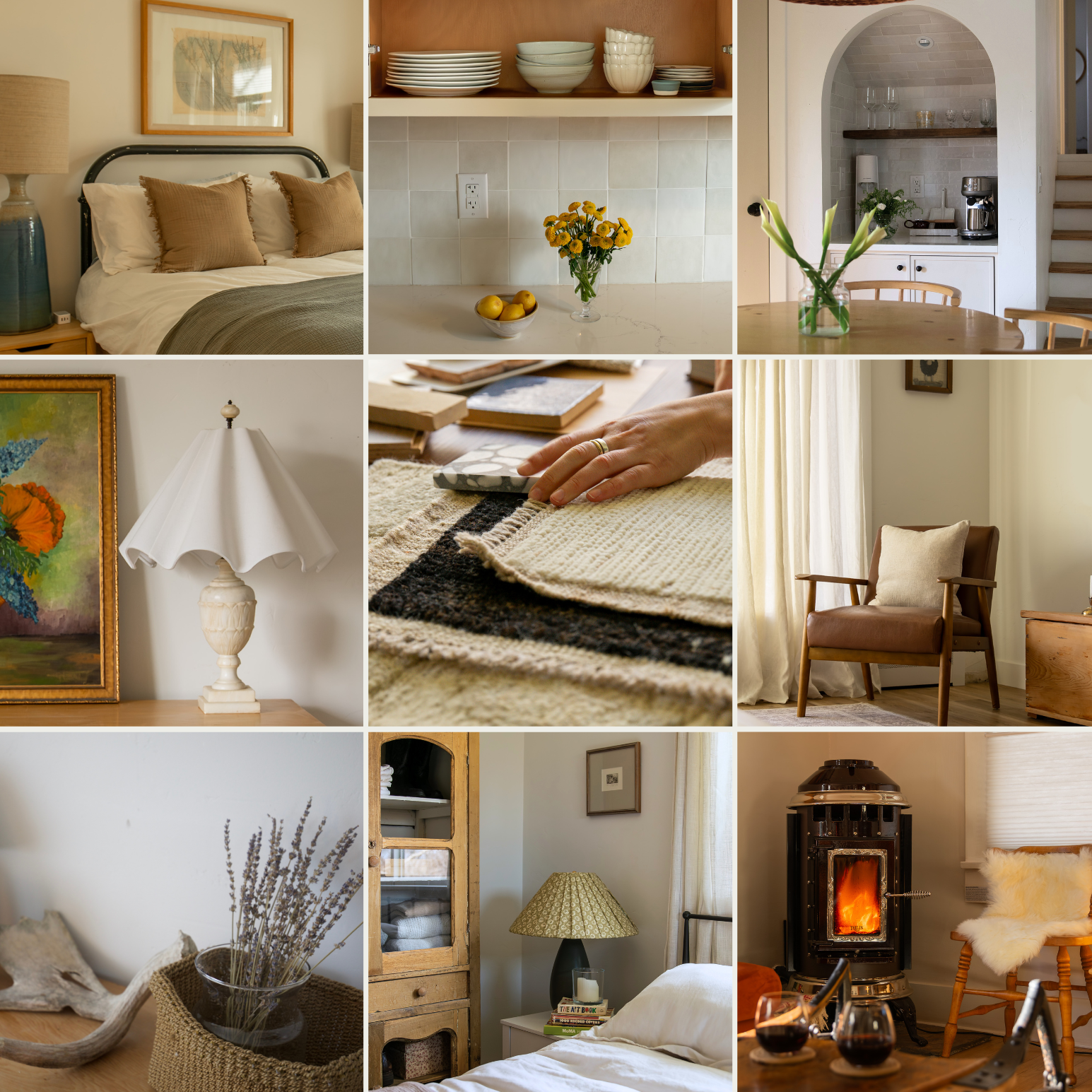 Collage of cozy home interior scenes a bedroom with artwork, living areas with flowers and artwork, dried lavender, wood stove with a chair and fur throw, and a table with drinks. affordable renovation remodel interior design two dot interiors