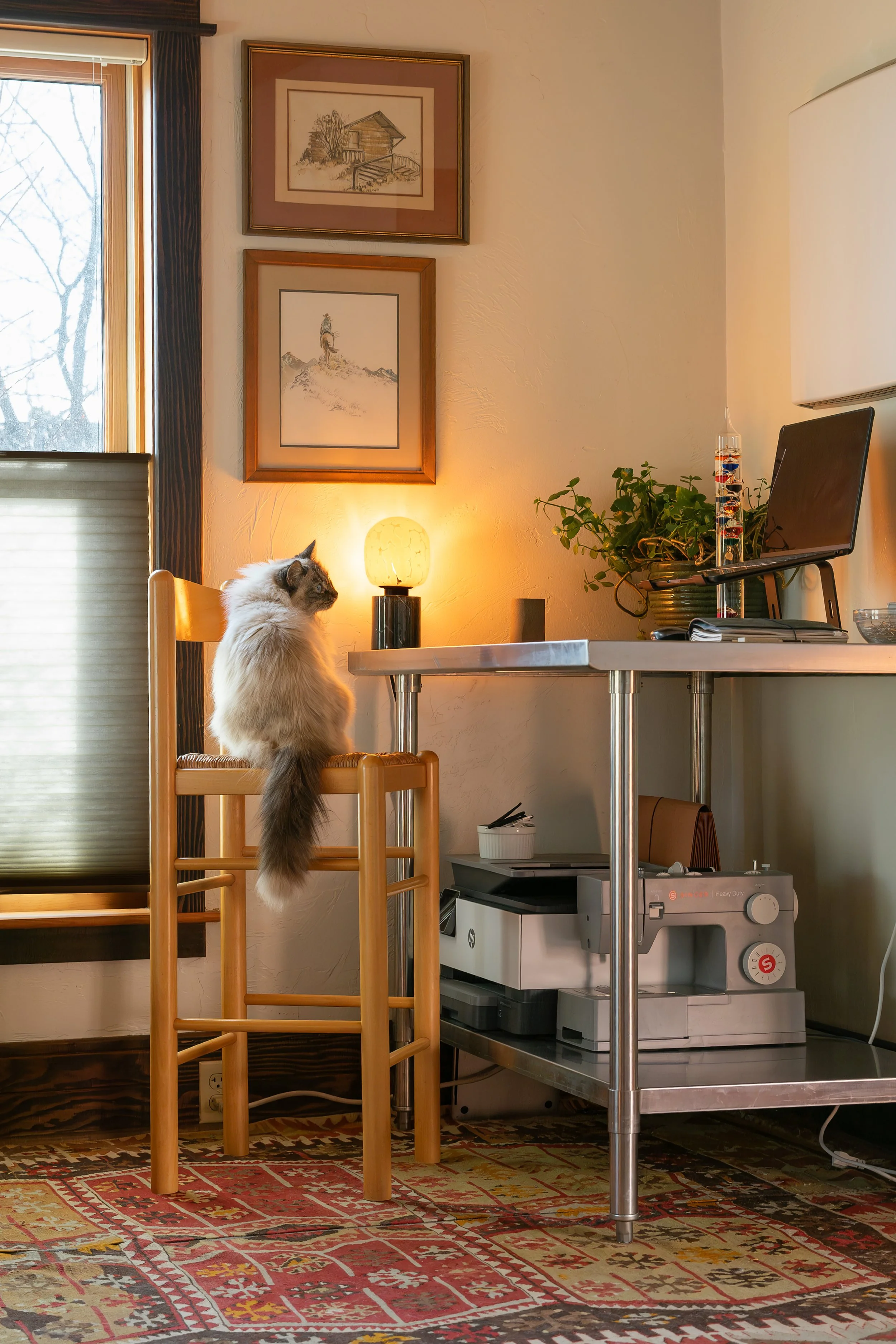 A cozy home office, illuminated by a table lamp. The room has two framed pictures on the wall, a window with blinds, a potted plant, and a computer on a metal desk. Bozeman interior design, interior renovation, and interior styling. 