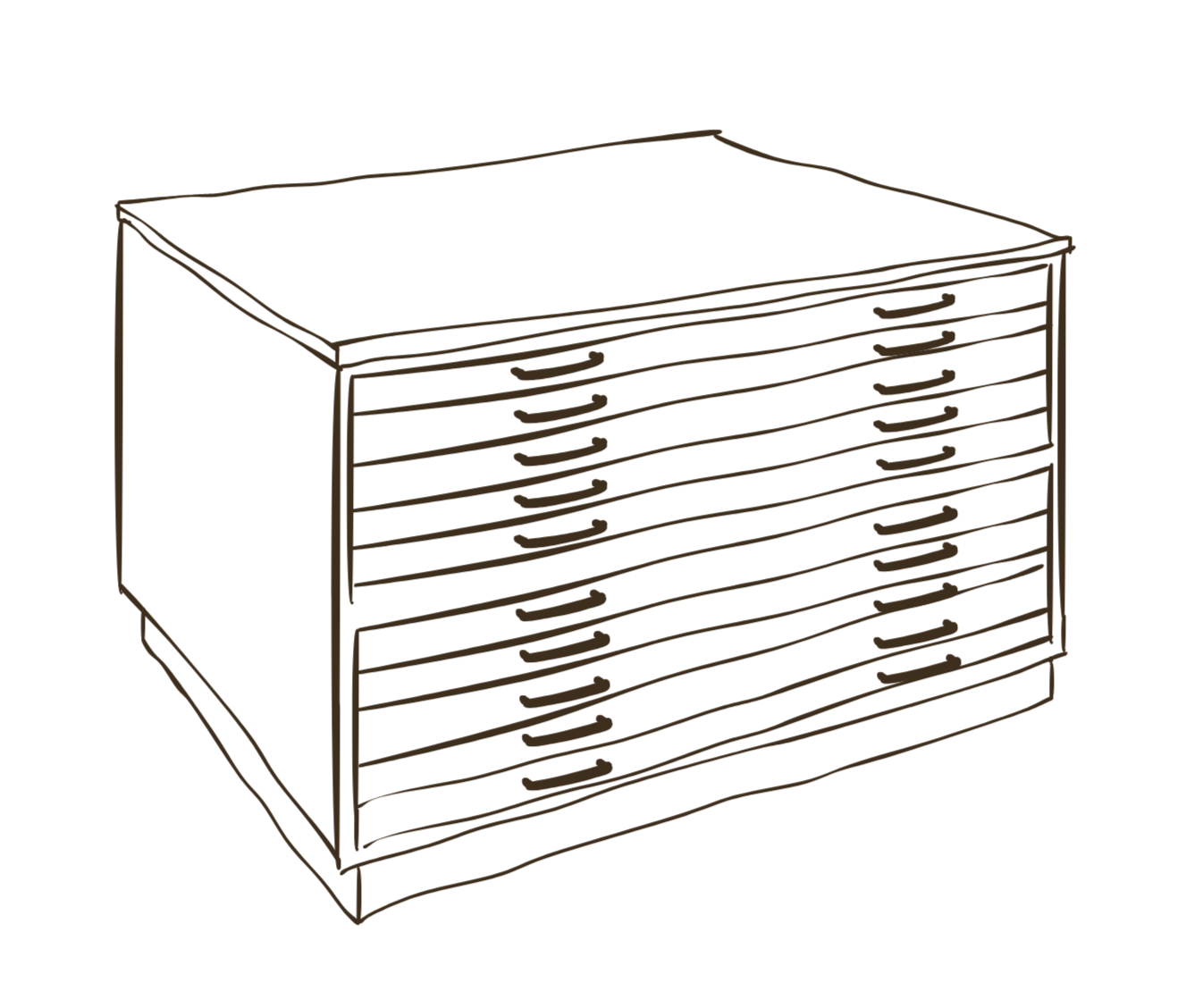 Line drawing of a file cabinet with multiple drawers.