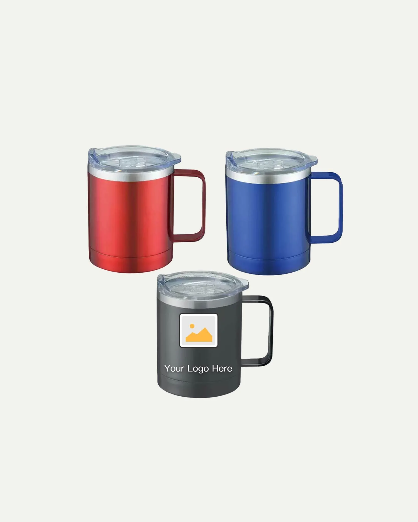 Three insulated travel mugs in red, blue, and black, with clear plastic lids, arranged on a light background.