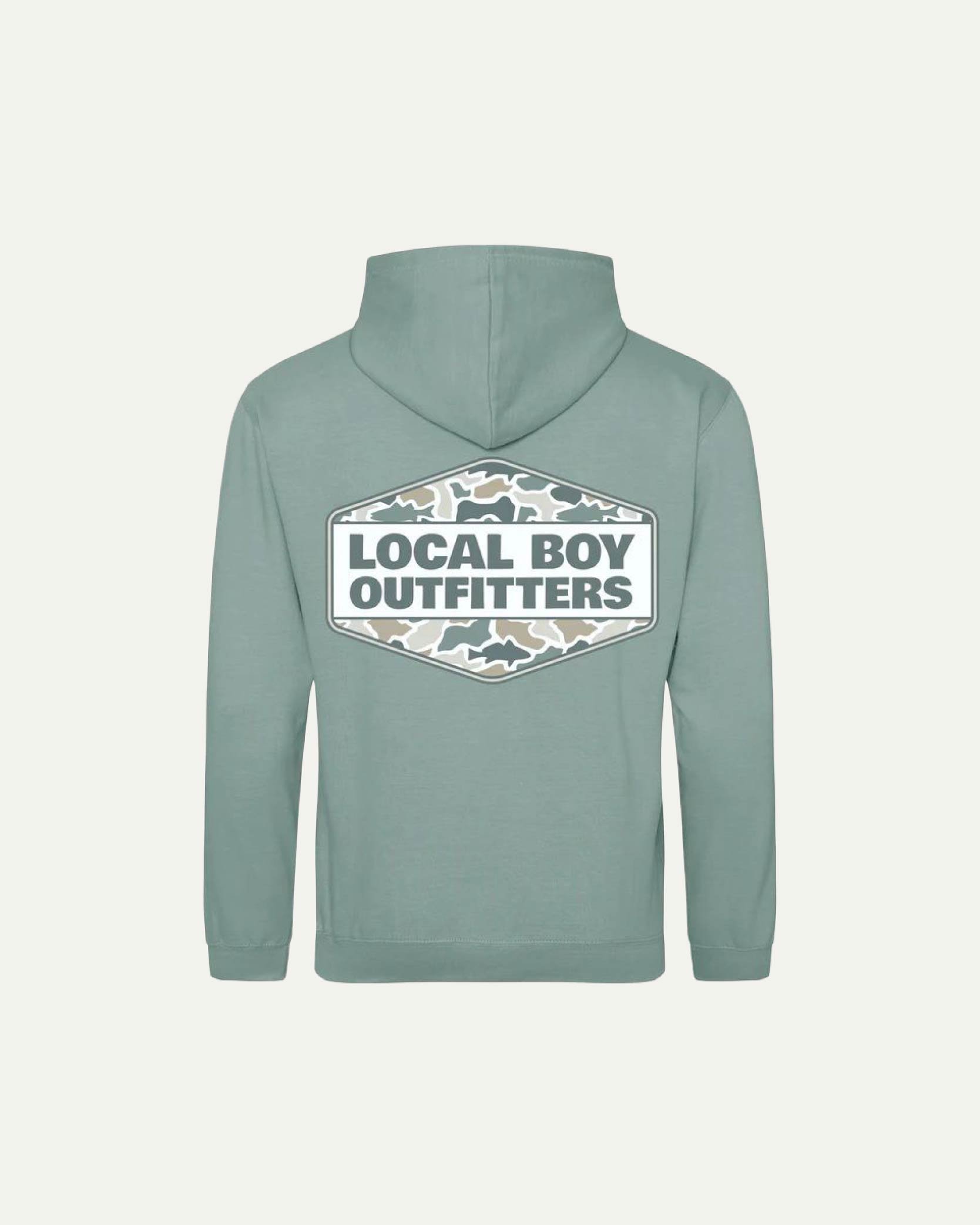 Green hoodie with a logo reading 'Local Boy Outfitters' on the back, featuring a camo pattern in the background.