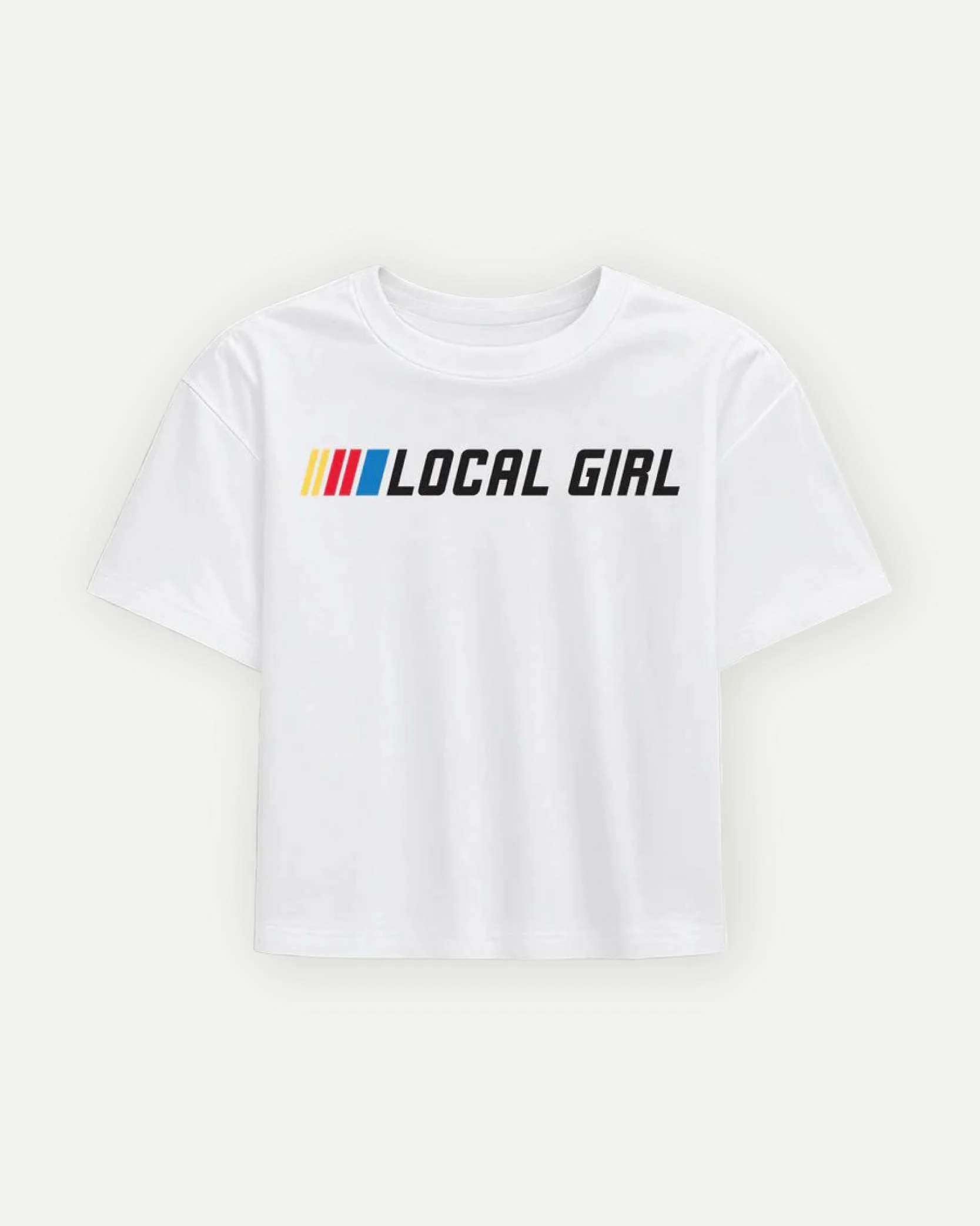 White T-shirt with black text that says 'Local Girl' and colorful diagonal lines.
