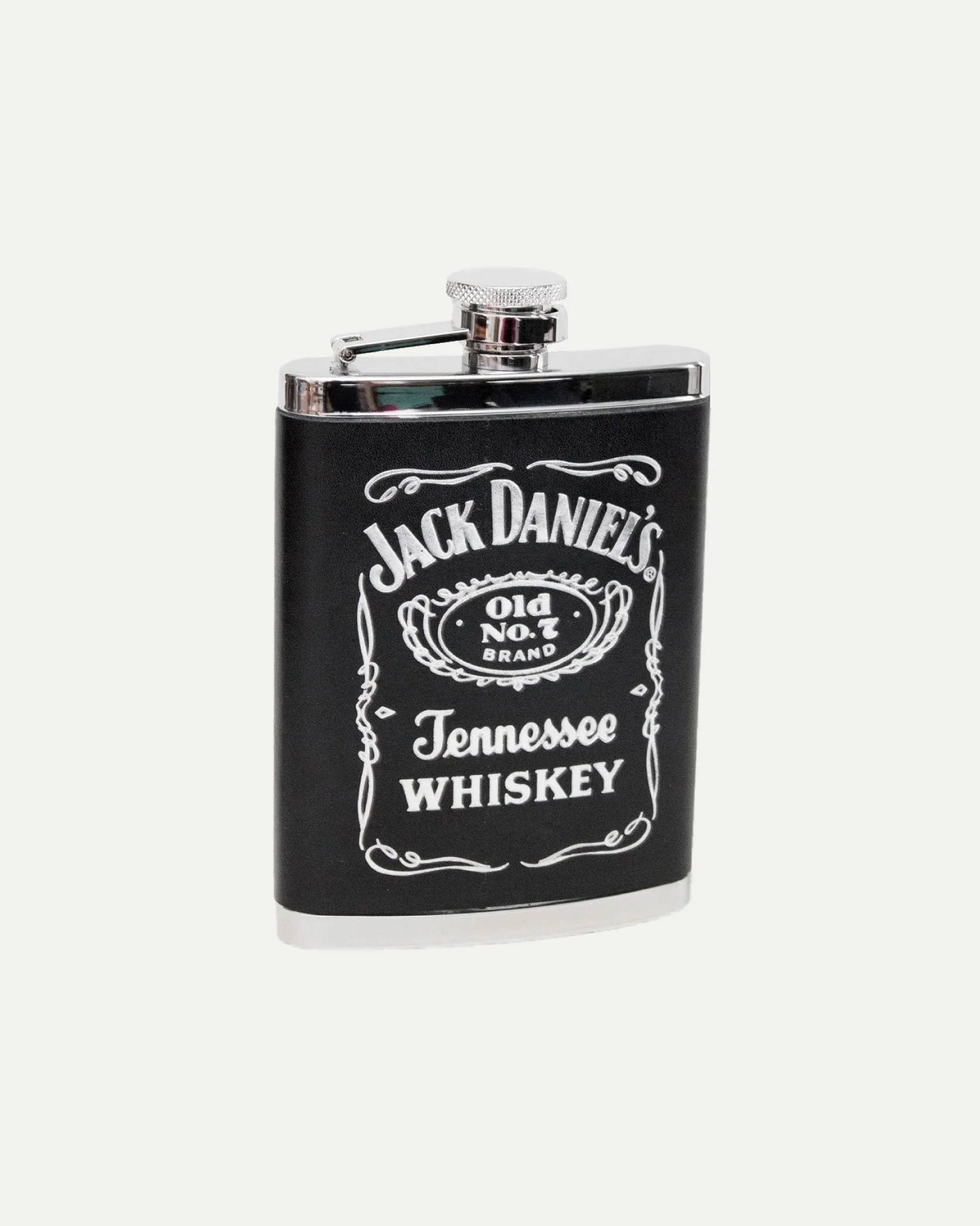 Black pocket flask with white Jack Daniel's Tennessee Whiskey label design.