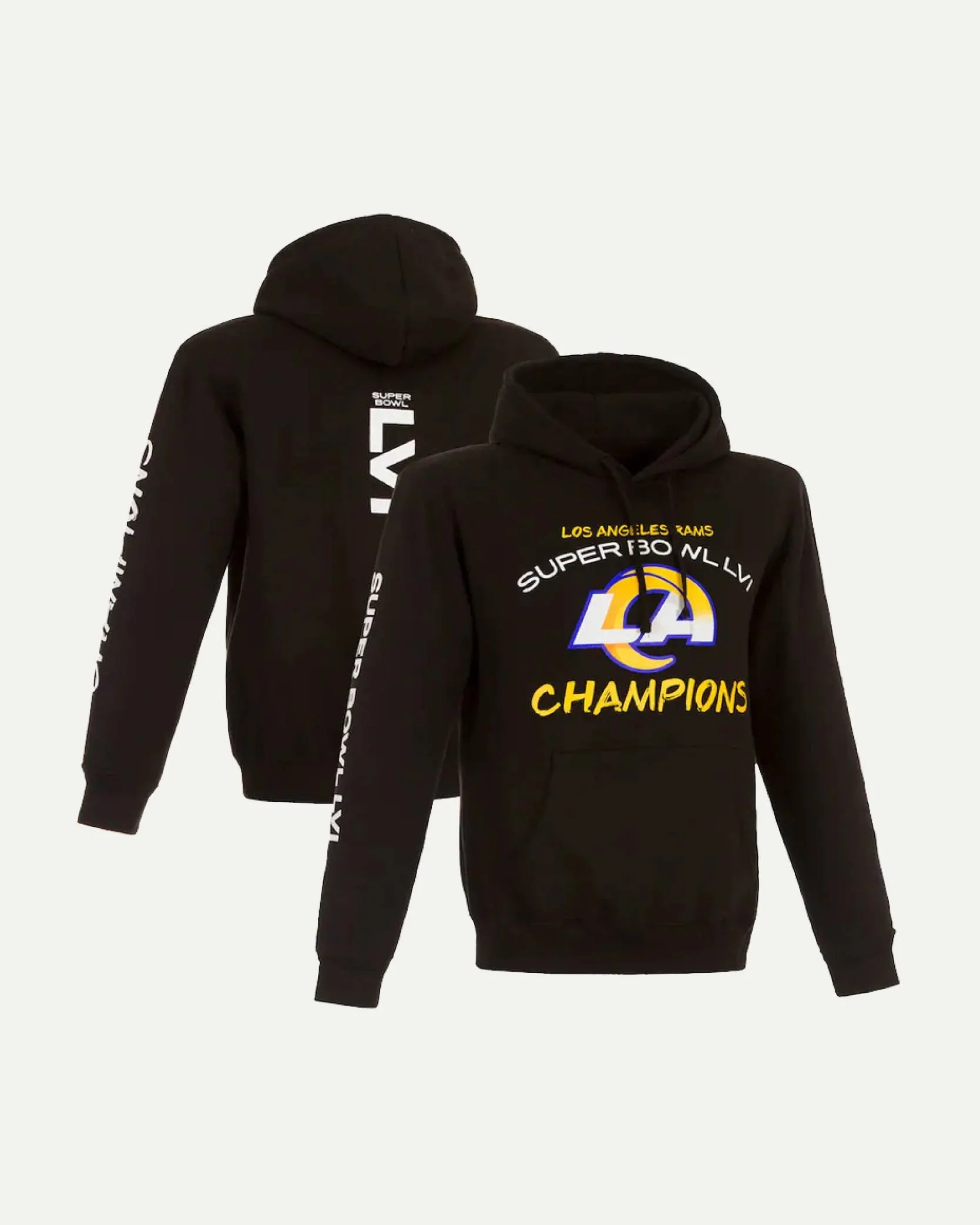 Two black Los Angeles Rams Super Bowl Champions hoodies with team logo and text in yellow and white.