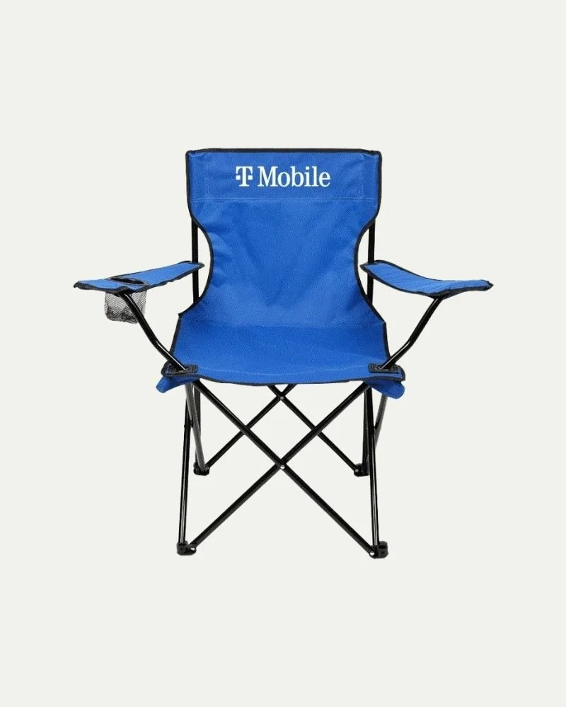 Blue foldable lawn chair with T-Mobile logo on the backrest.
