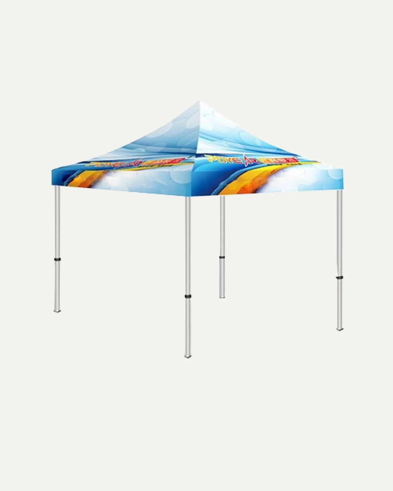 Pop-up canopy tent with a blue and colorful design and metal legs.