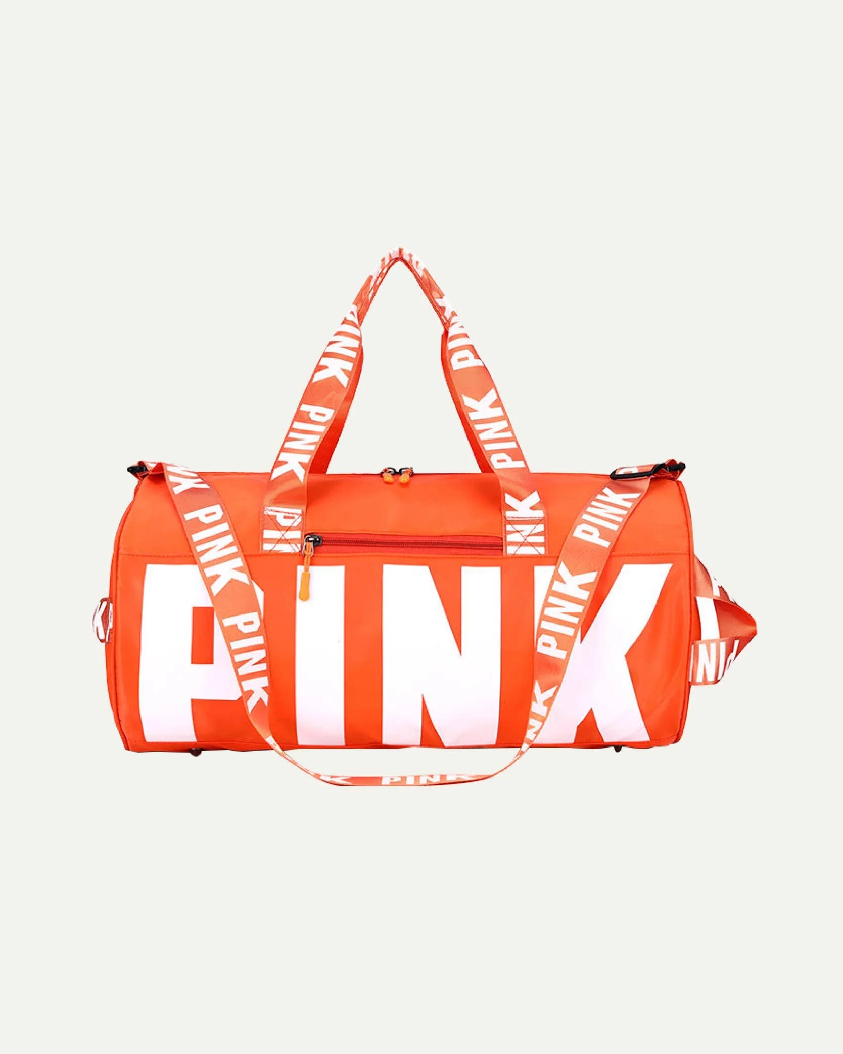 Orange duffel bag with white lettering spelling 'PINK' and matching straps.