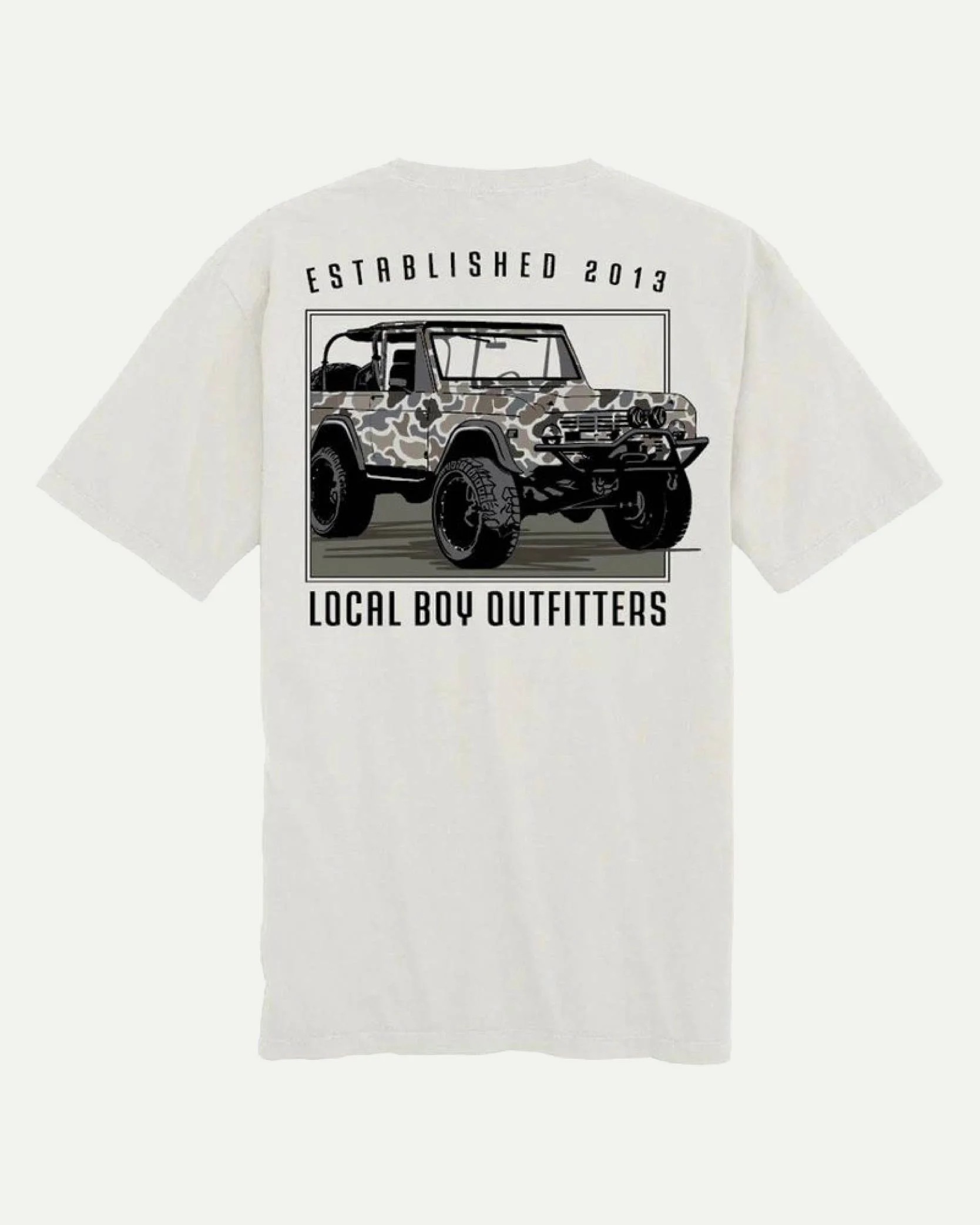 White T-shirt with a graphic of a camouflage off-road vehicle and text, 'Established 2013, Local Boy Outfitters'.