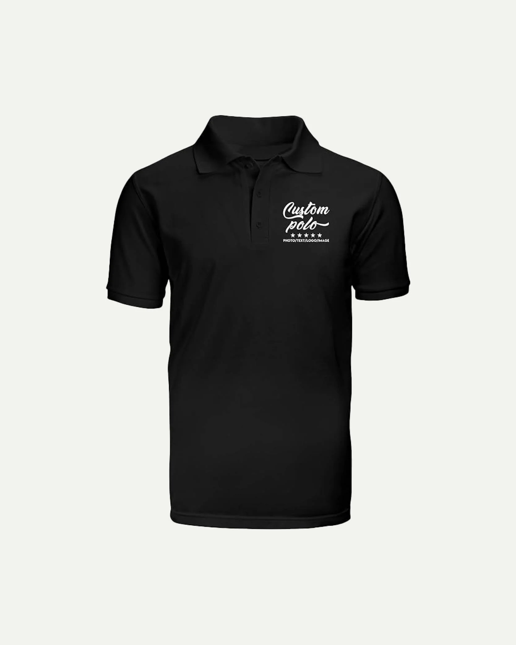 Black polo shirt with custom text and star graphics on the chest.