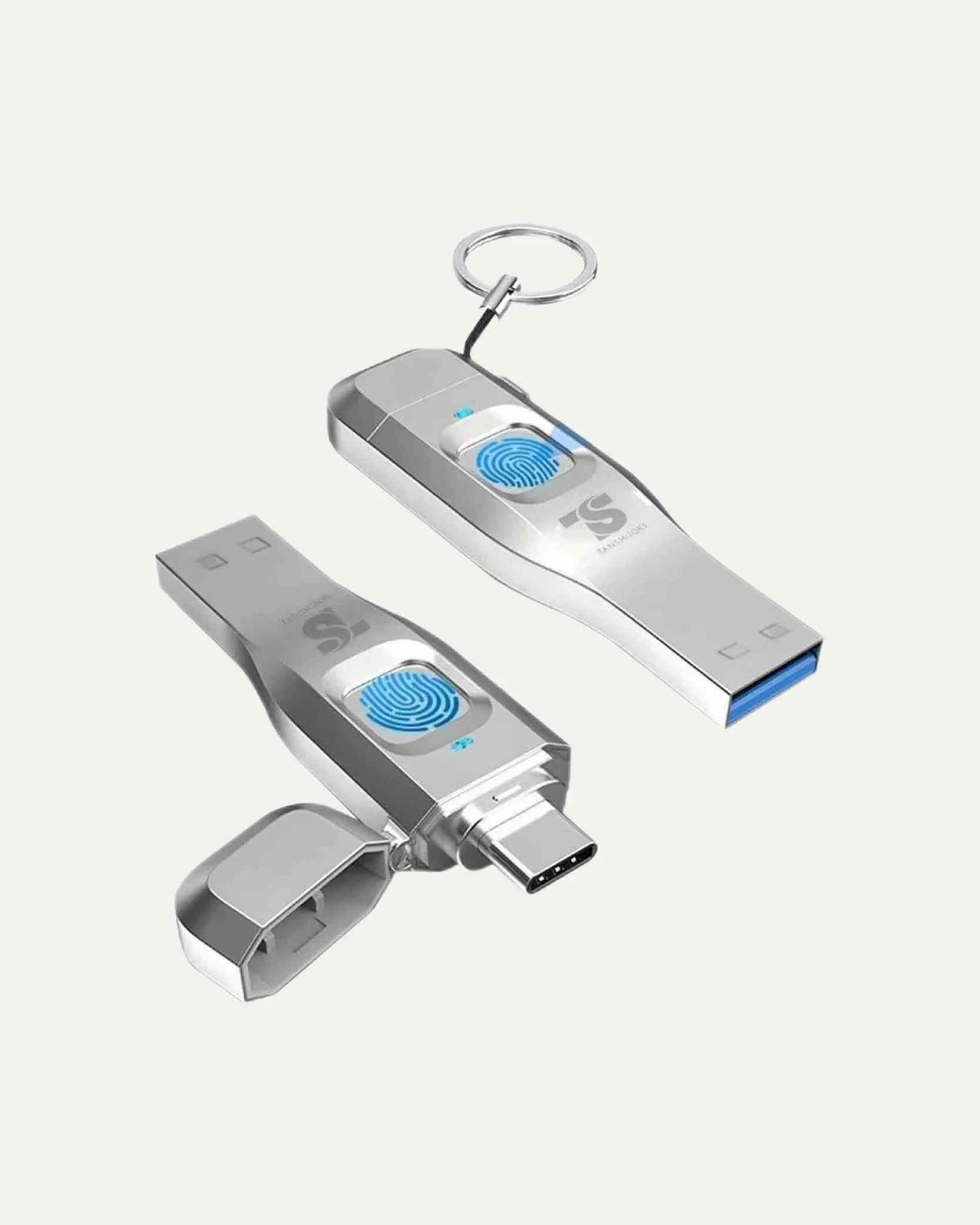 Two digital security fingerprint scanners, one with a USB-C connector and a keychain, both displaying blue fingerprint icons.