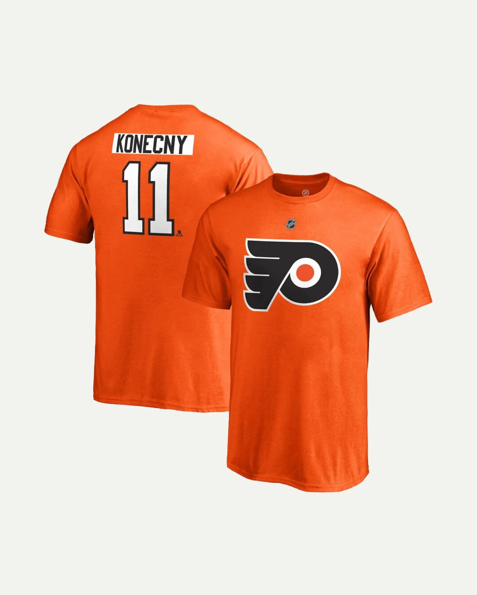Orange Philadelphia Flyers hockey jerseys, one showing the team's logo on the front and the name 'Konecny' with the number 11 on the back.