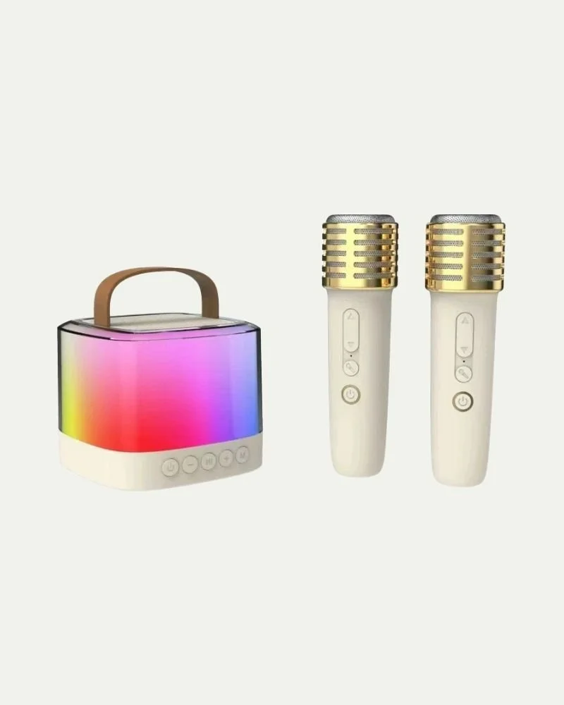 A portable speaker with multicolor LED lights and two wireless microphones with gold and silver grill tops.