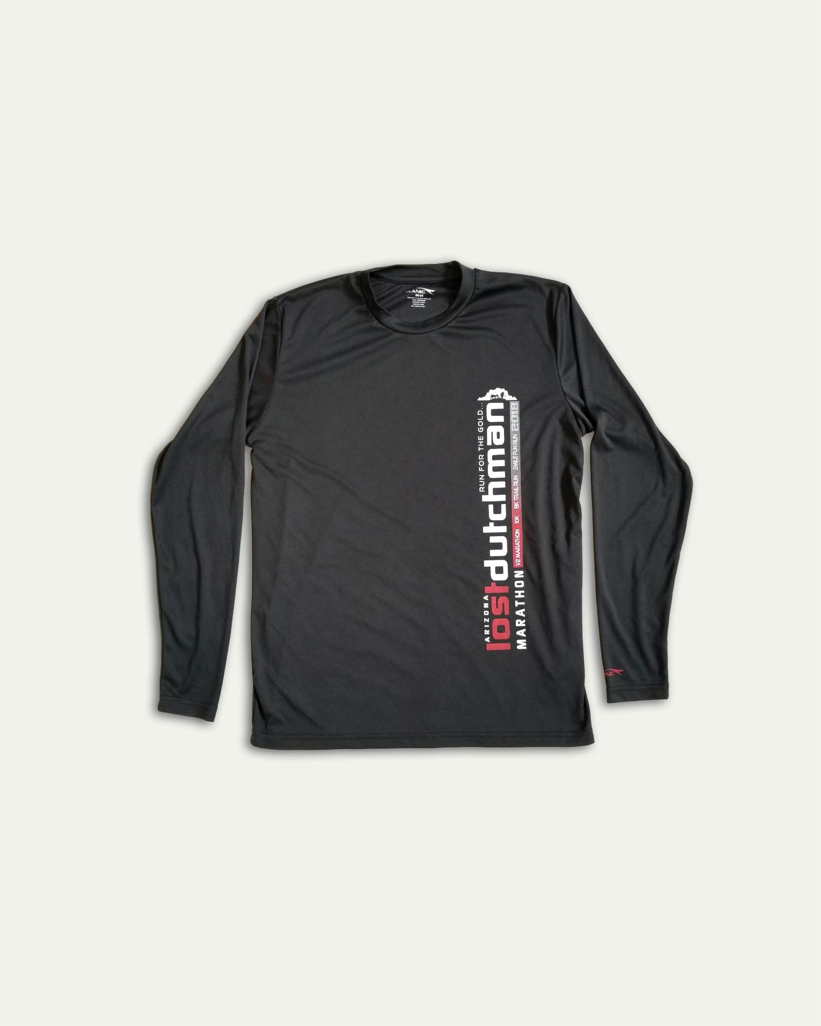 Black long-sleeve run shirt with 'Marathon Run for the Gold' and 'Arizona' text printed vertically in white, black, red, and gray on the front.