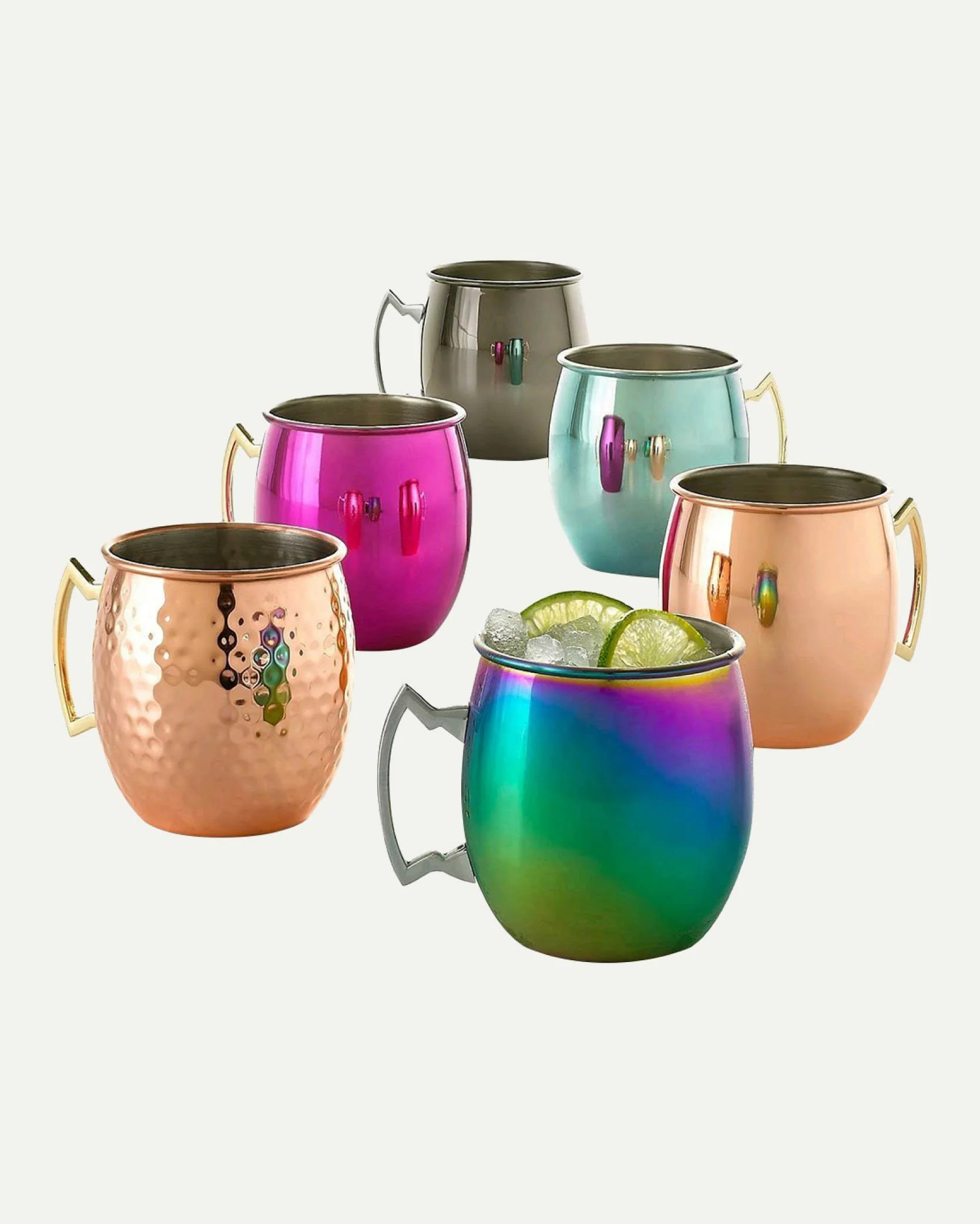 Colorful metallic tumblers, some filled with ice and lime slices, on a light background.
