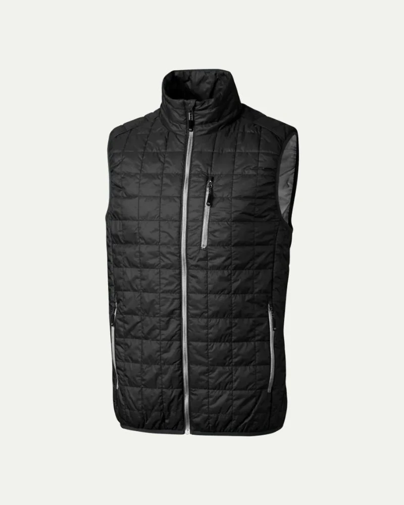 Black quilted sleeveless jacket with a high collar and multiple zipper pockets