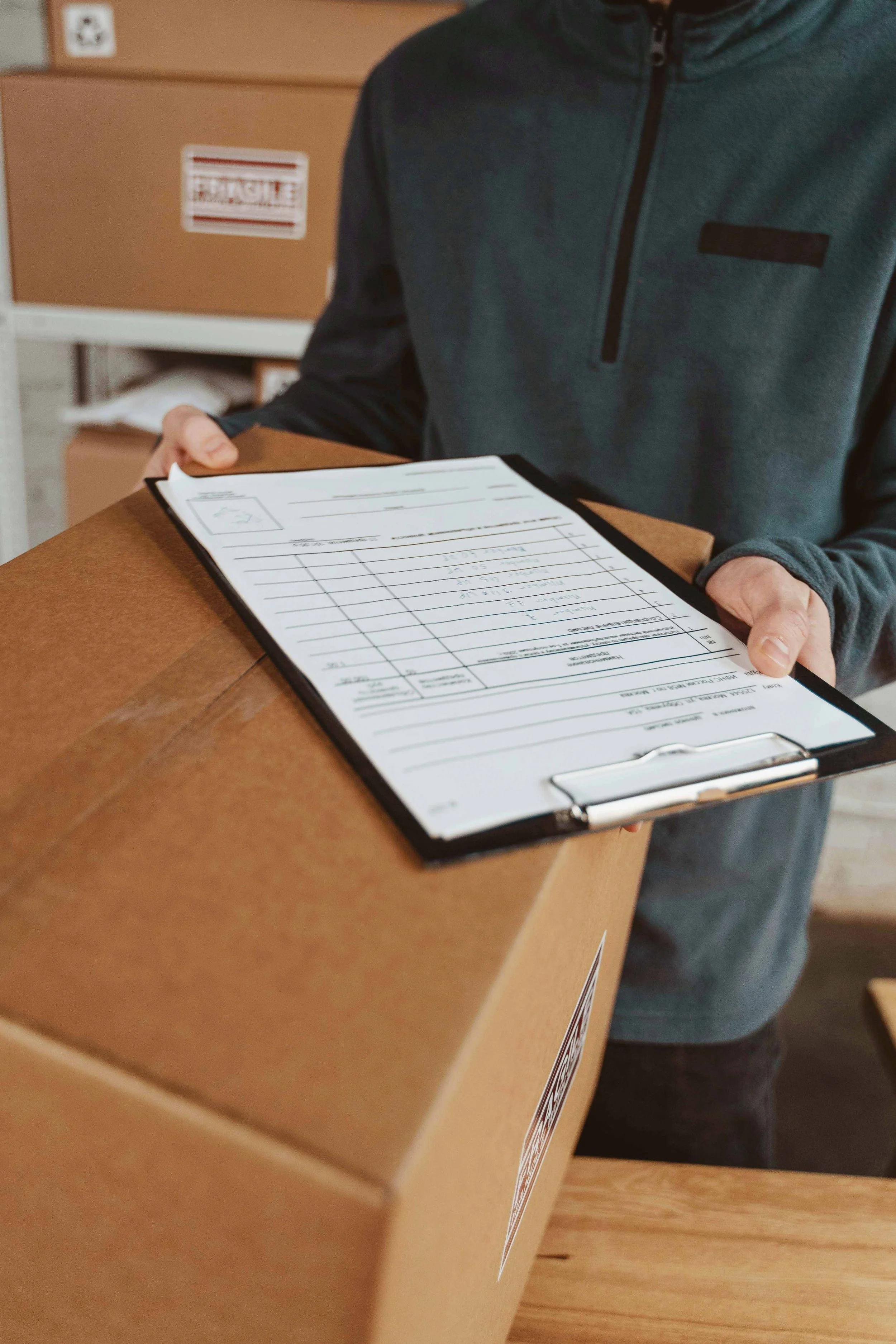 A person holding a clipboard with paperwork in a warehouse or storage room, with a cardboard box on a table or counter in front of them.