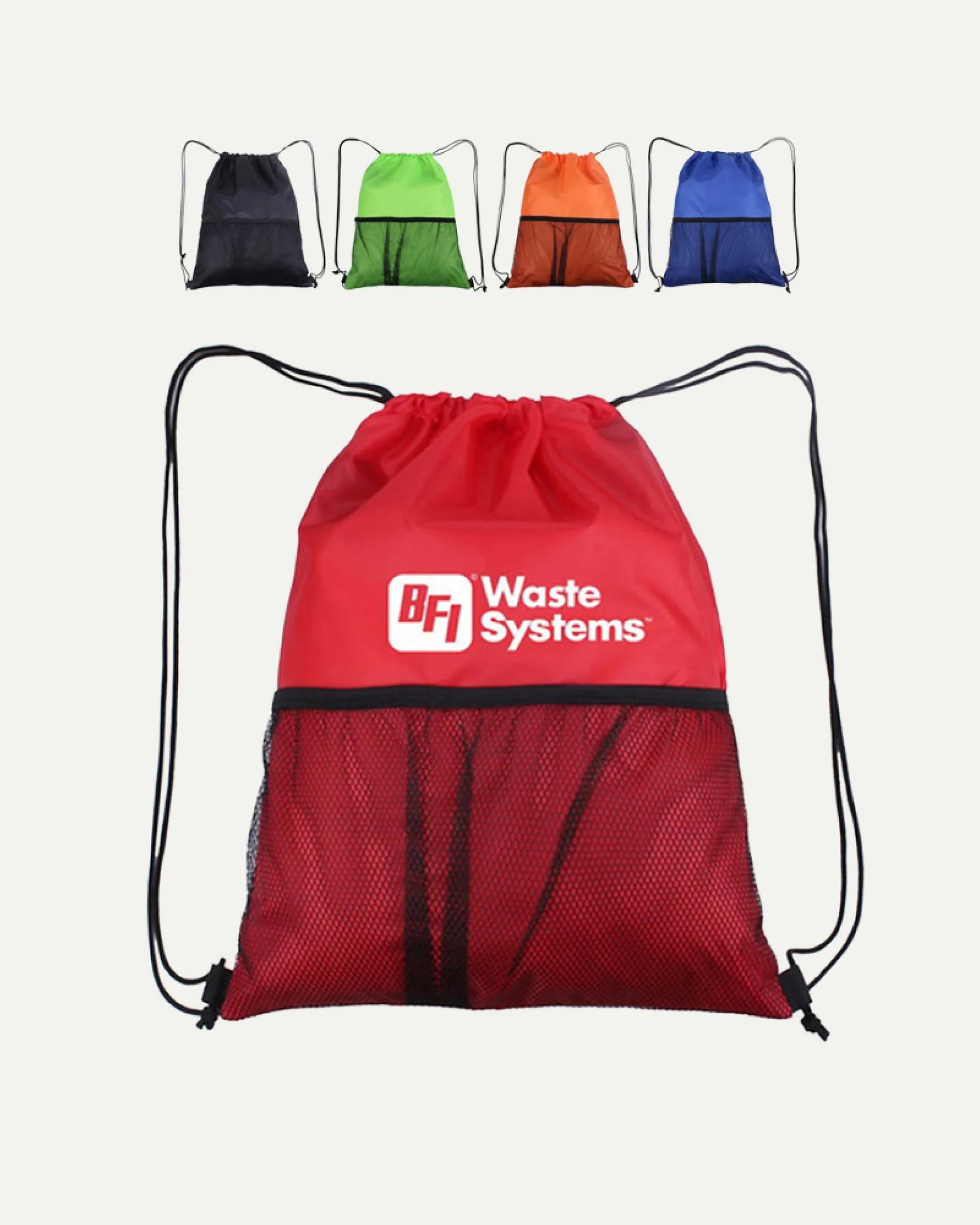 Colorful drawstring bags, with a large red bag displaying a "Waste Systems" logo in the foreground, and smaller bags in black, green, orange, and blue in the background.
