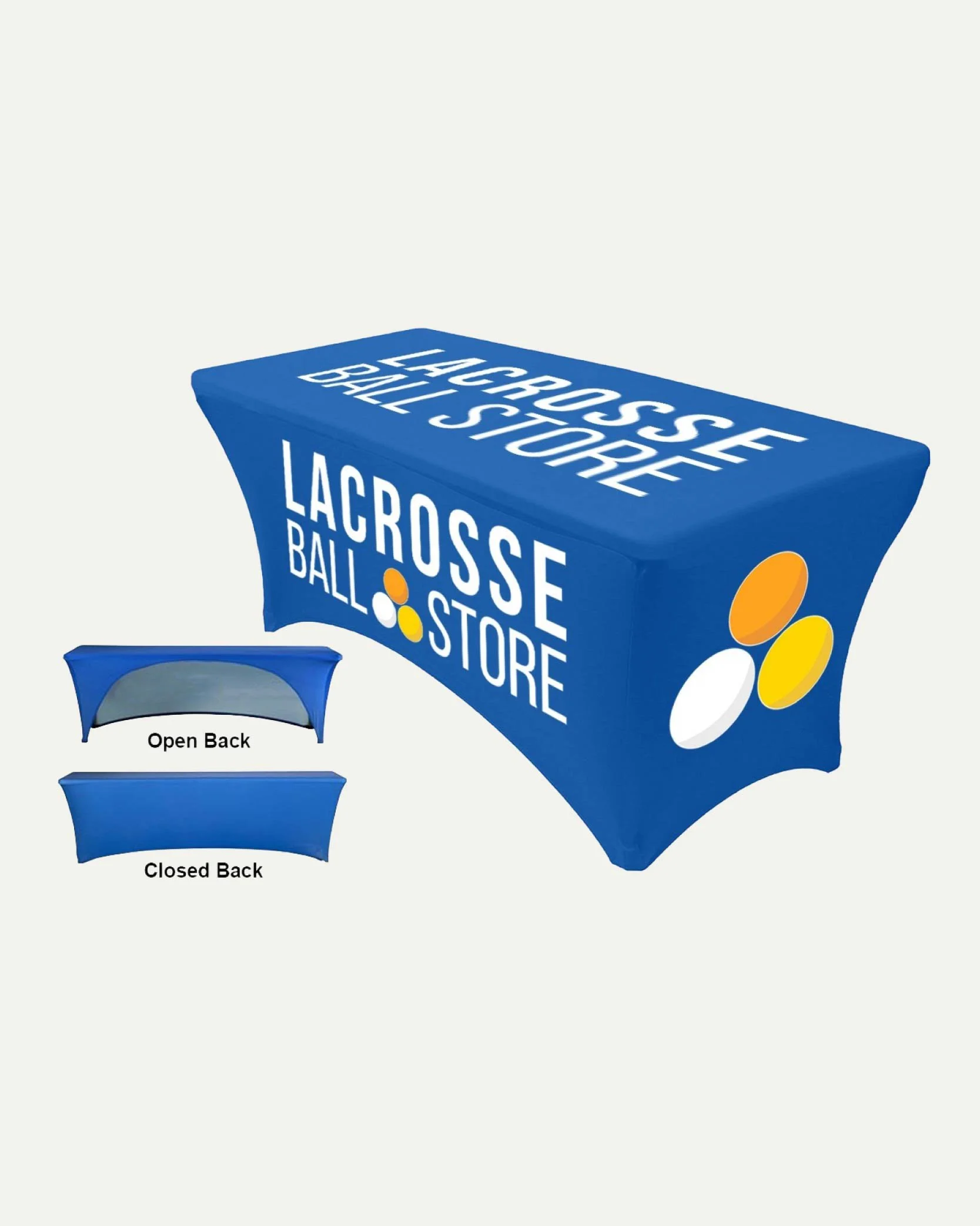 A portable table cover for a Lacrosse store with a blue background, displaying the store's name and colorful lacrosse balls, featuring an open and closed back version.