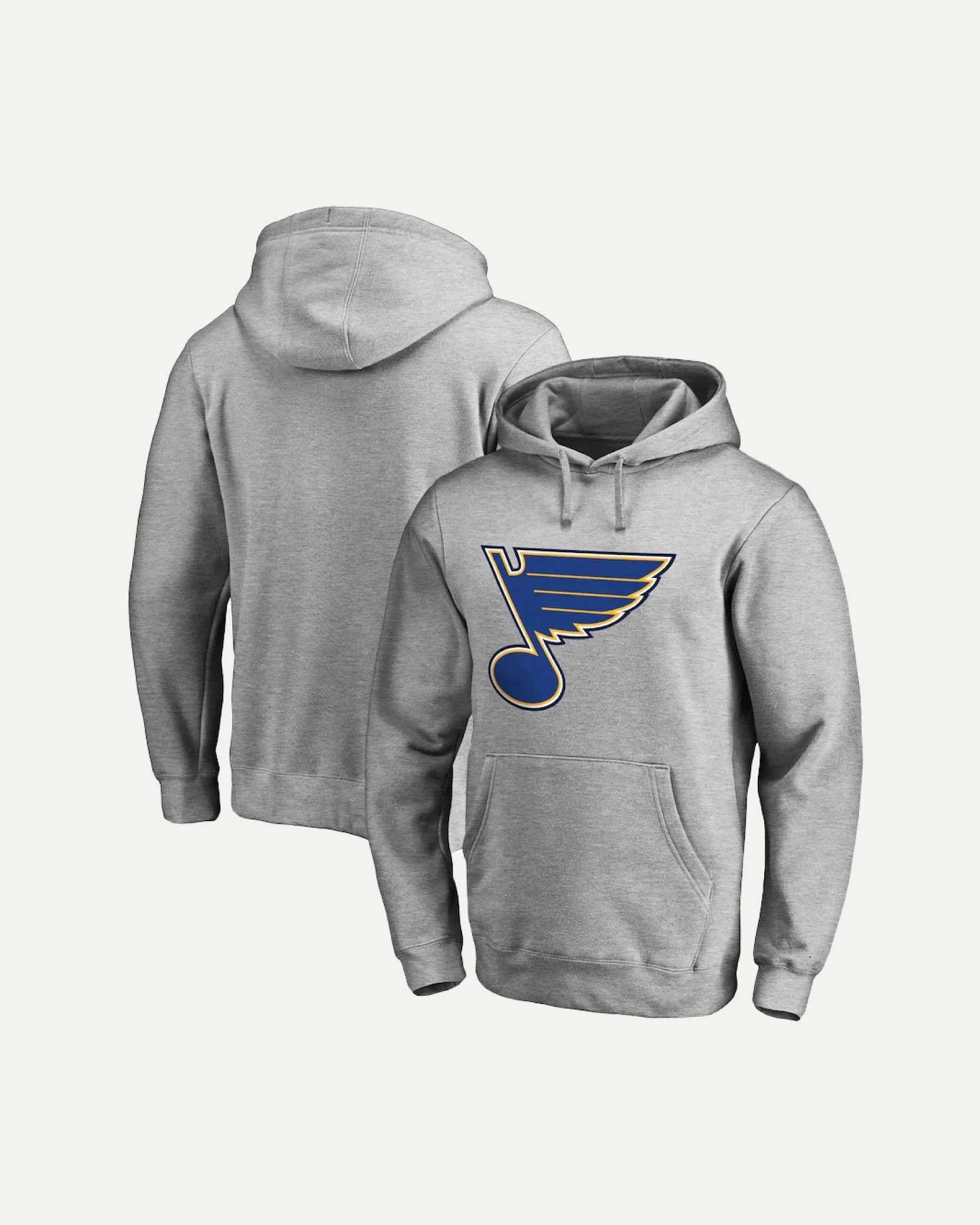 Gray hoodie with St. Louis Blues logo, front view and back view displayed.