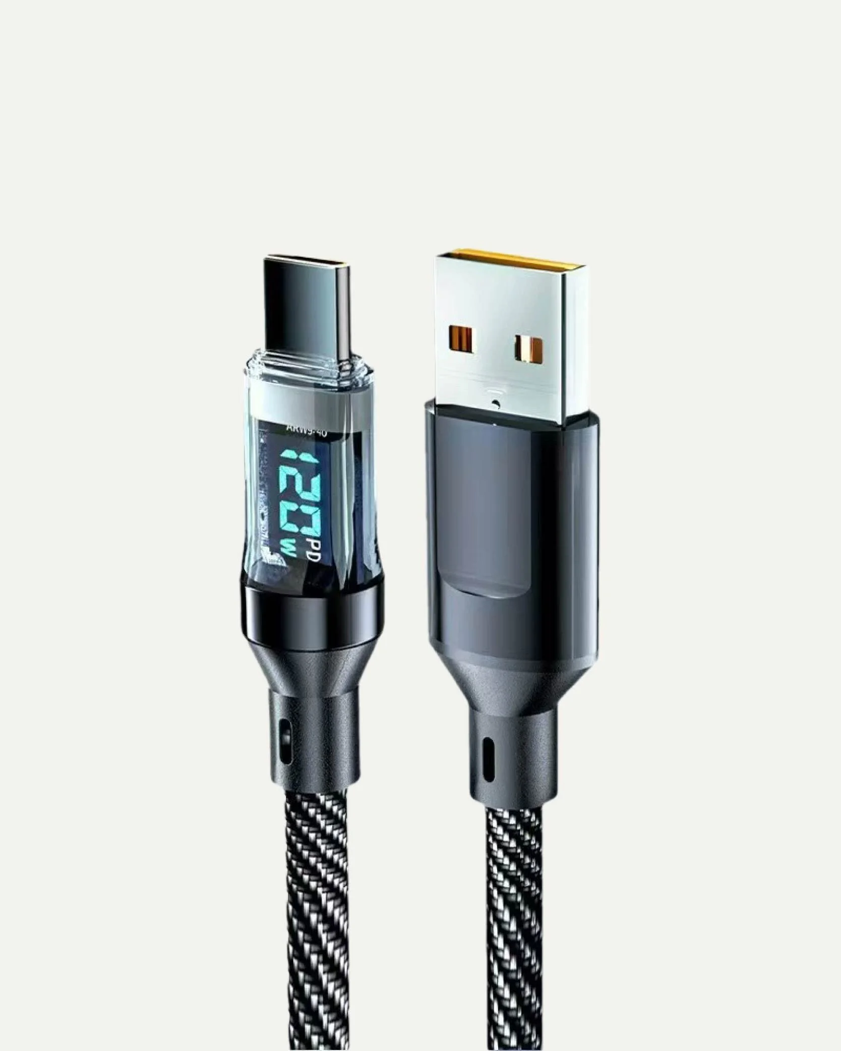 Close-up of a USB cable with a digital display on one connector and a standard USB plug on the other.