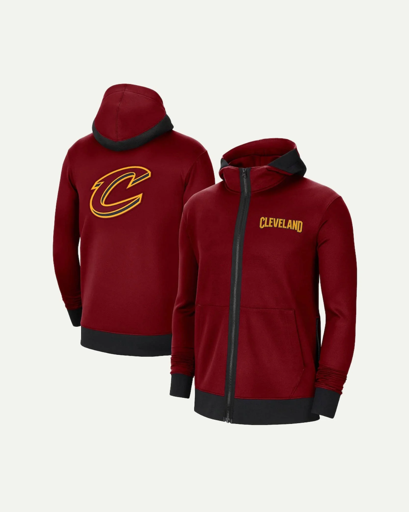 Cleveland Cavaliers red team hoodie with black accents, featuring the Cavaliers logo and team name.