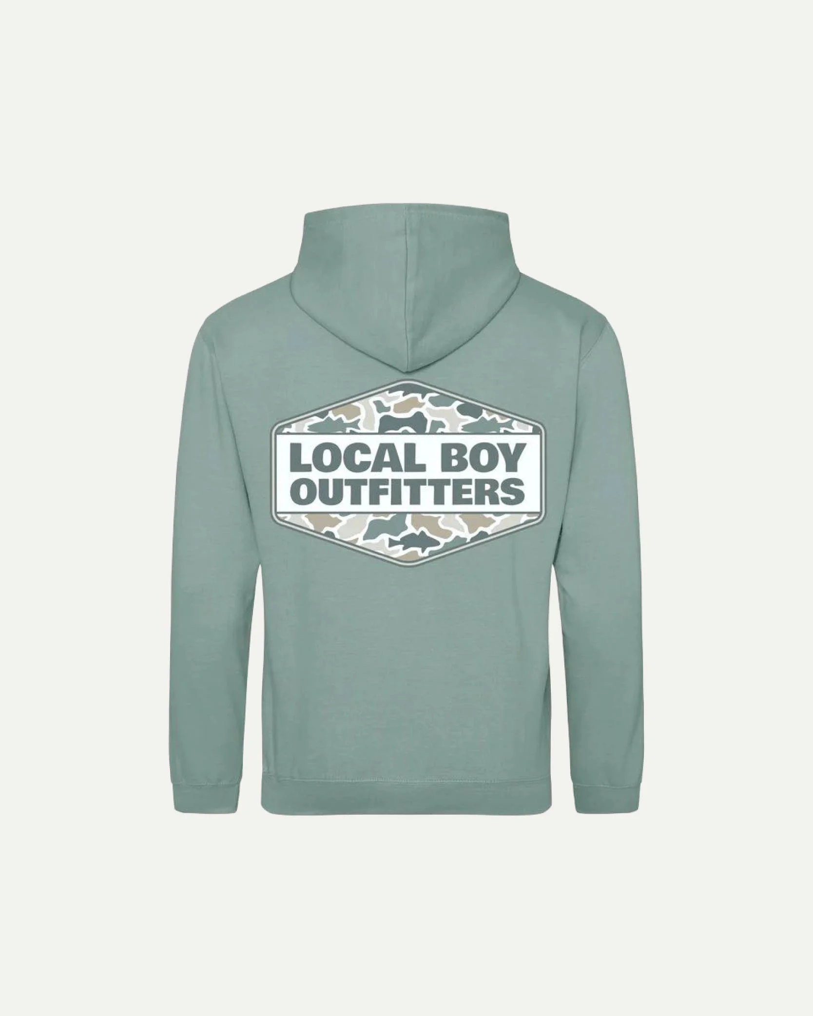 A light green hoodie with a large patch on the back that reads 'LOCAL BOY OUTFITTERS' surrounded by a camouflage pattern.