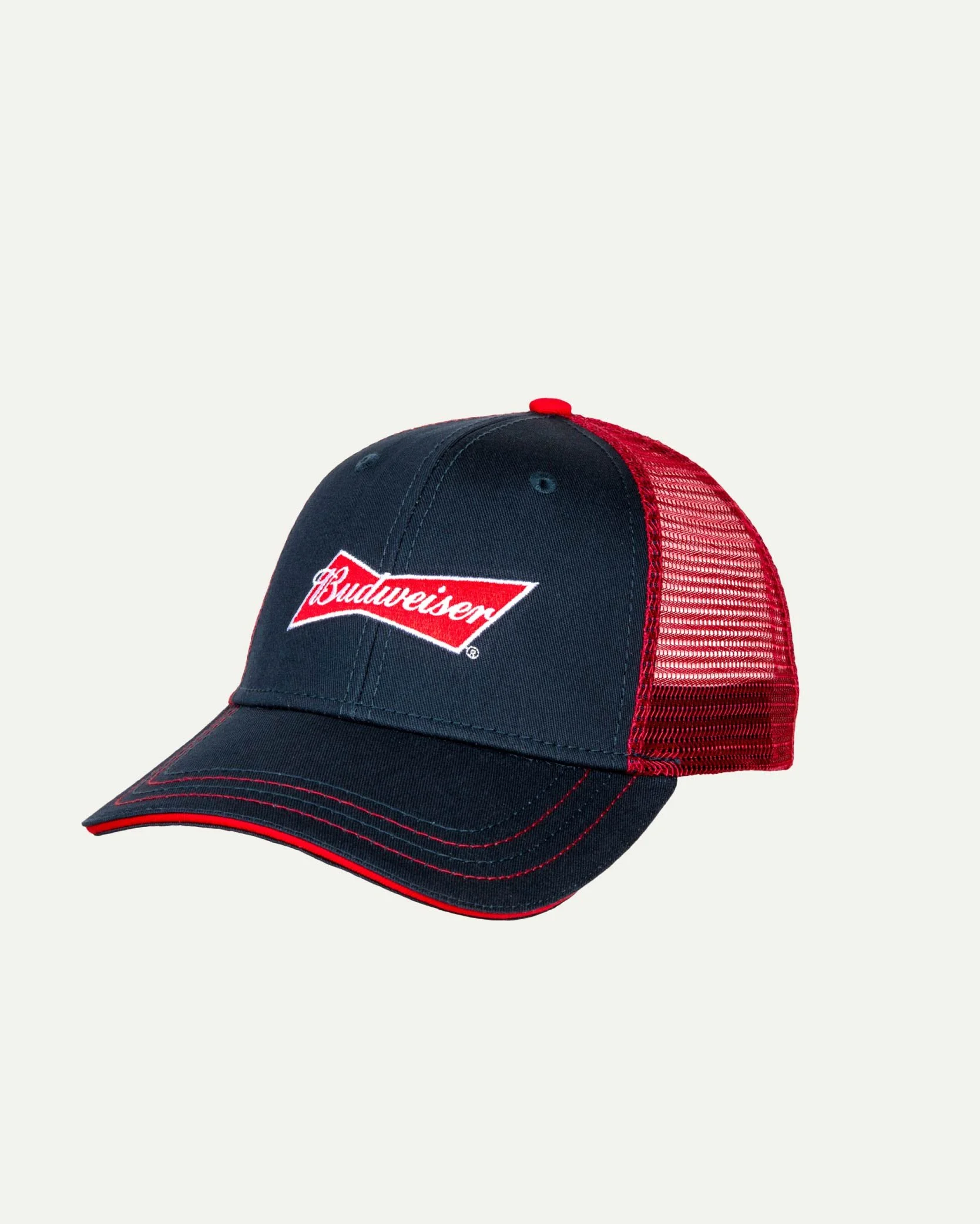 A navy blue and red trucker cap with 'Budweiser' logo on the front panel.