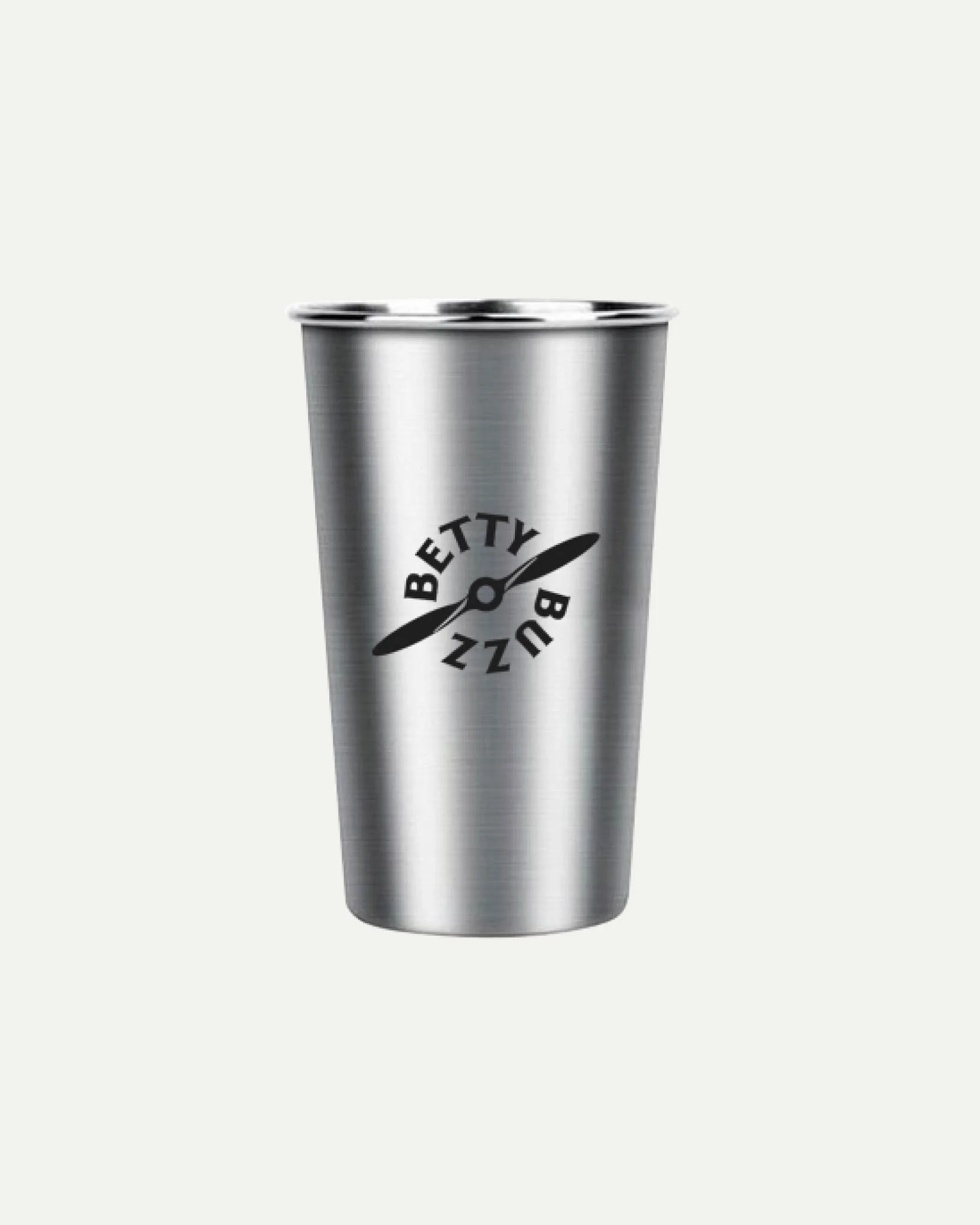 A stainless steel tumbler with a logo that says "Betty BuZZ" and a propeller design.