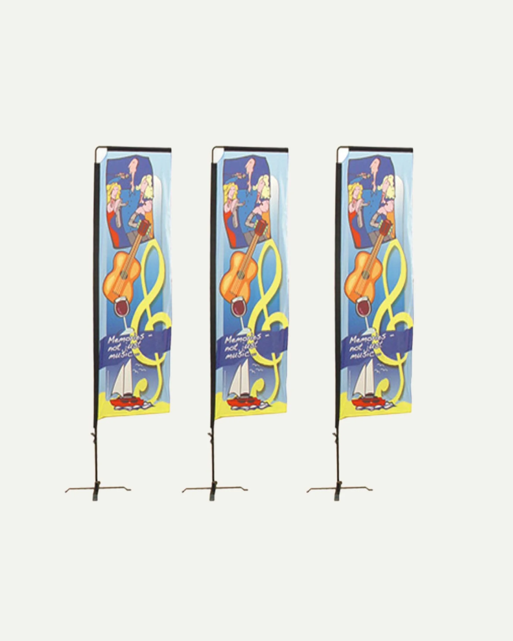 Three vertical banners with cartoonish images of a girl playing a guitar, along with musical notes, a wine glass, and a sailing boat, and the text 'Memories not music'.