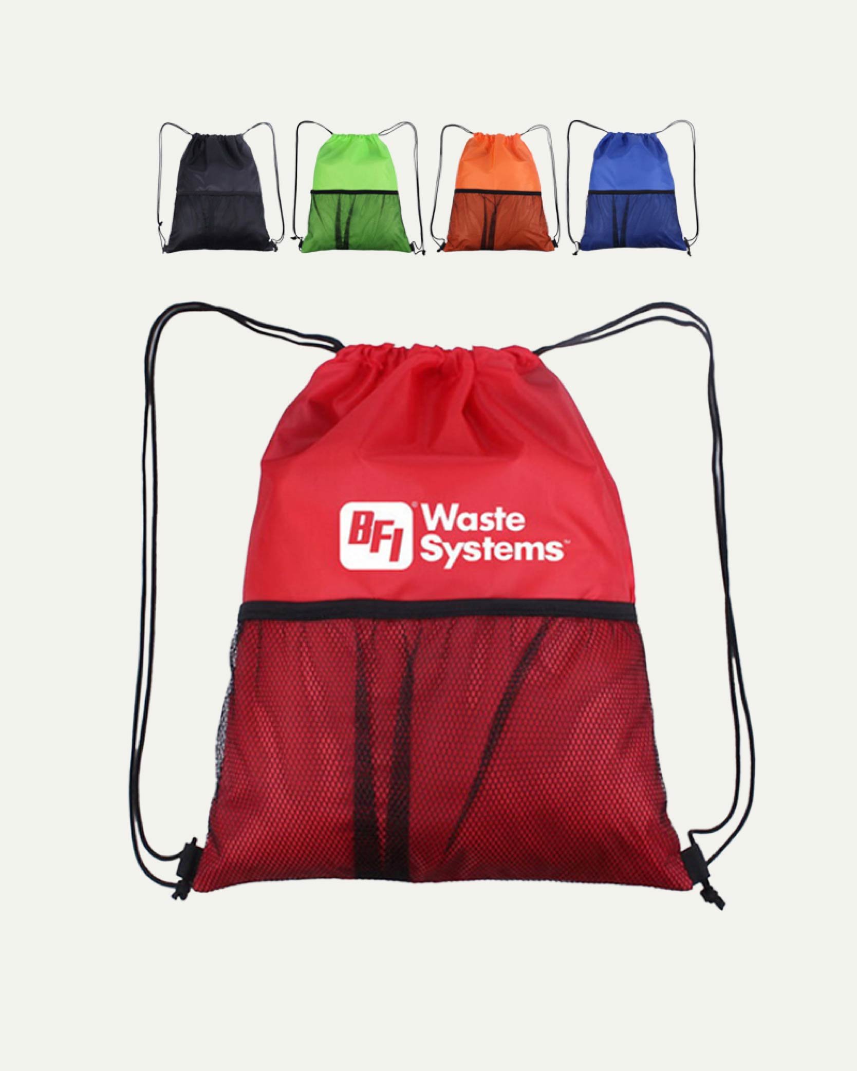 Set of four drawstring backpacks in black, green, orange, and blue at the top. A larger red drawstring backpack with a black mesh pocket and the text 'BFI Waste Systems' in white and red at the bottom.