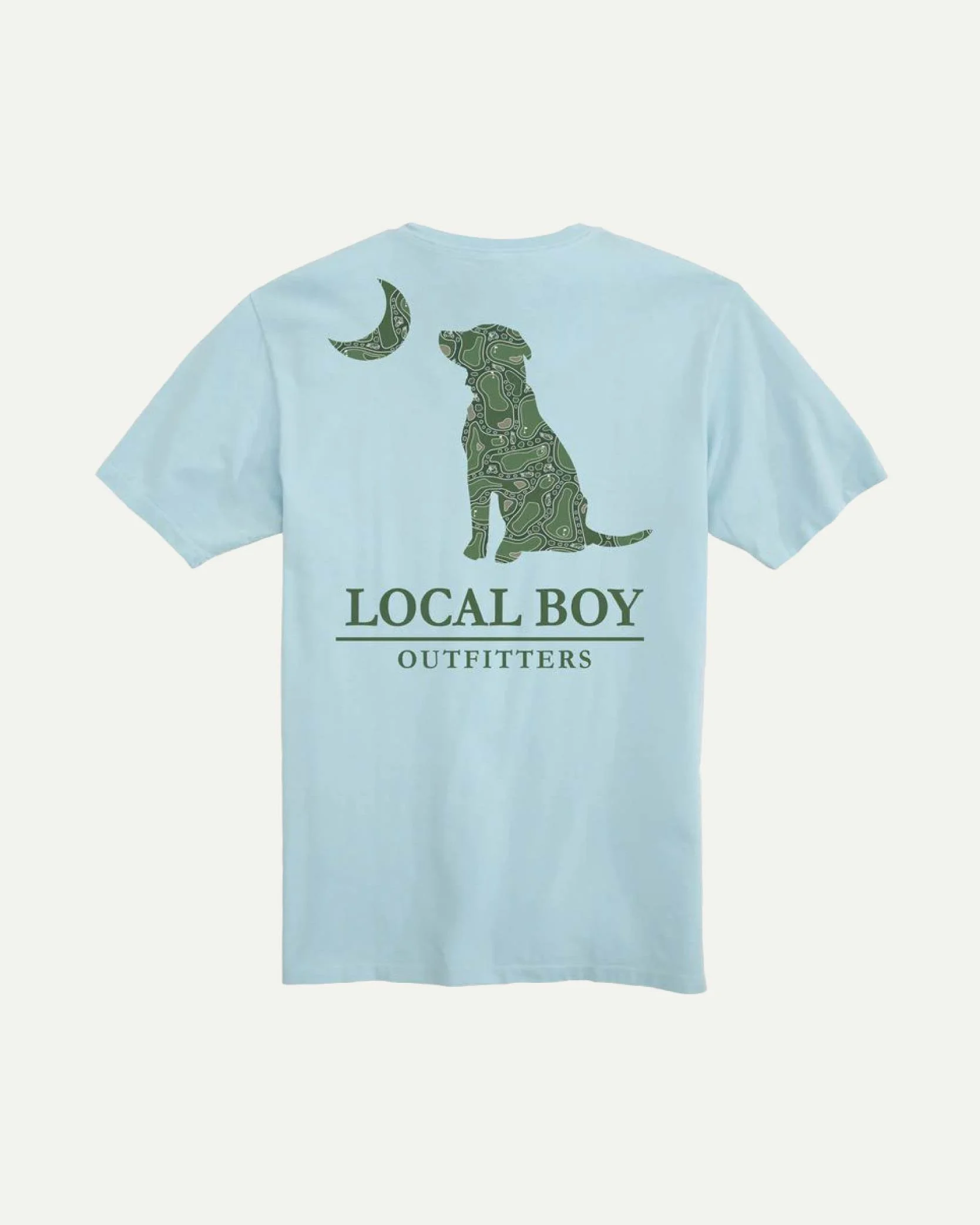 Light blue T-shirt featuring a design of a dog sitting with a crescent moon above its head and the text 'Local Boy Outfitters' printed below.