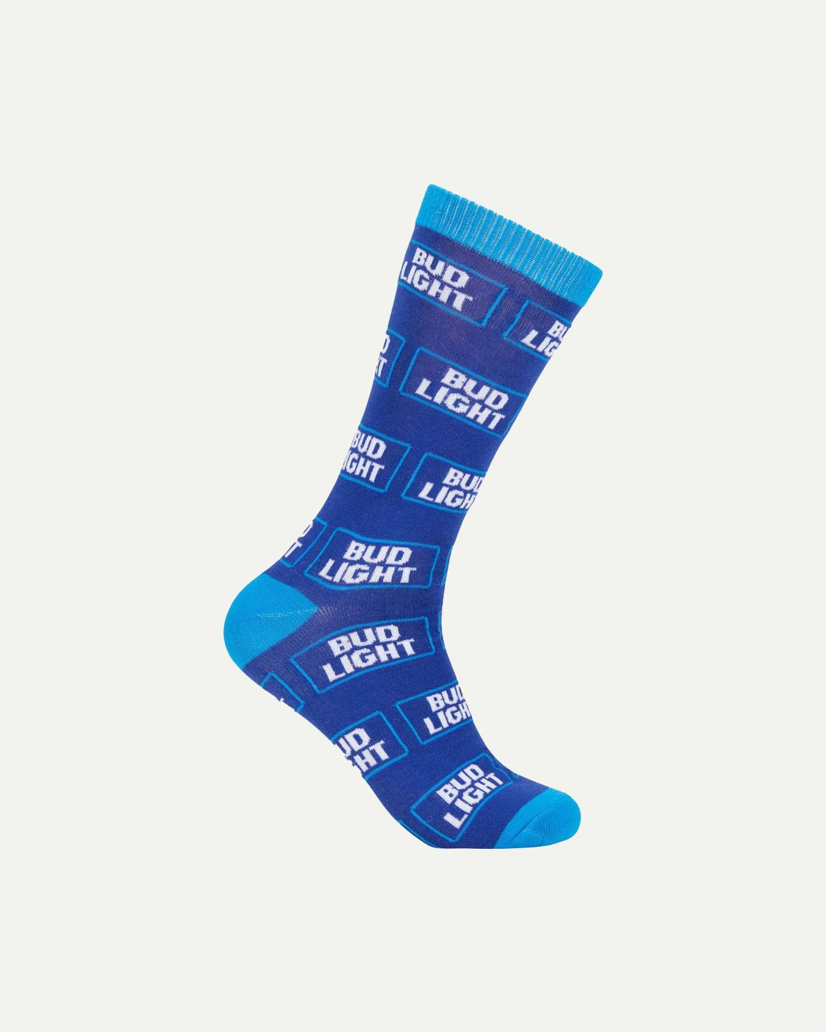 A blue sock with the Bud Light logo repeated in white text inside rectangular boxes, featuring light blue accents on the toe, heel, and top cuff.