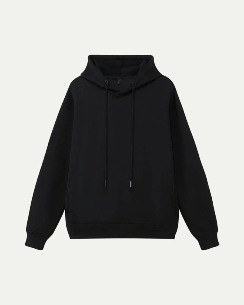 Black hoodie with drawstrings and a front pocket.