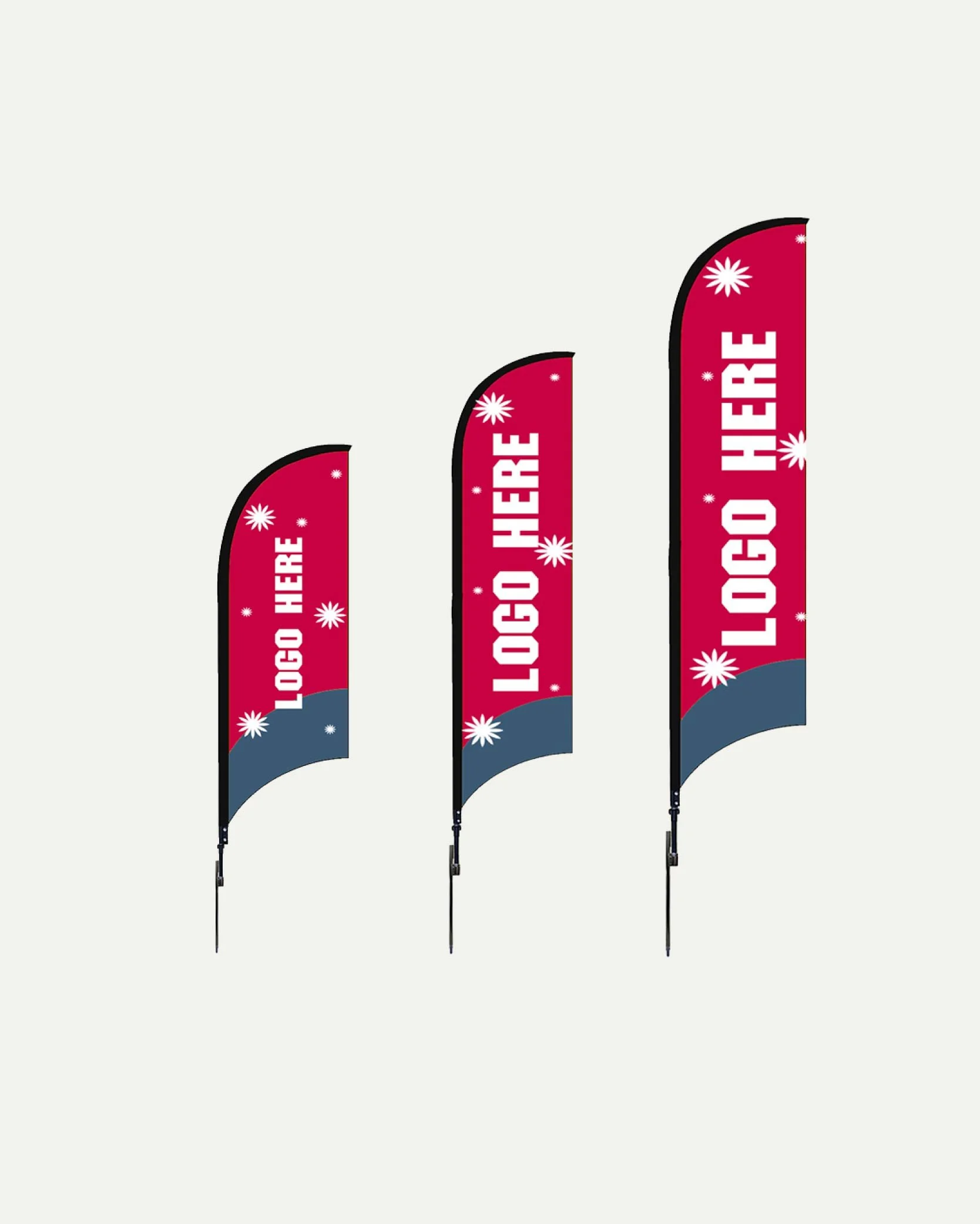 Three red and blue feather flags with white snowflake designs, each displaying placeholder text 'LOGO HERE' in white all caps, arranged from small to large sizes against a plain white background.