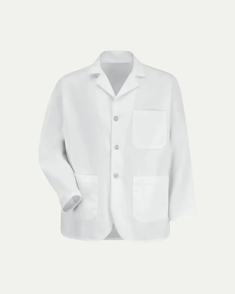 A white long sleeve with a collar, button-down front, and three pockets.